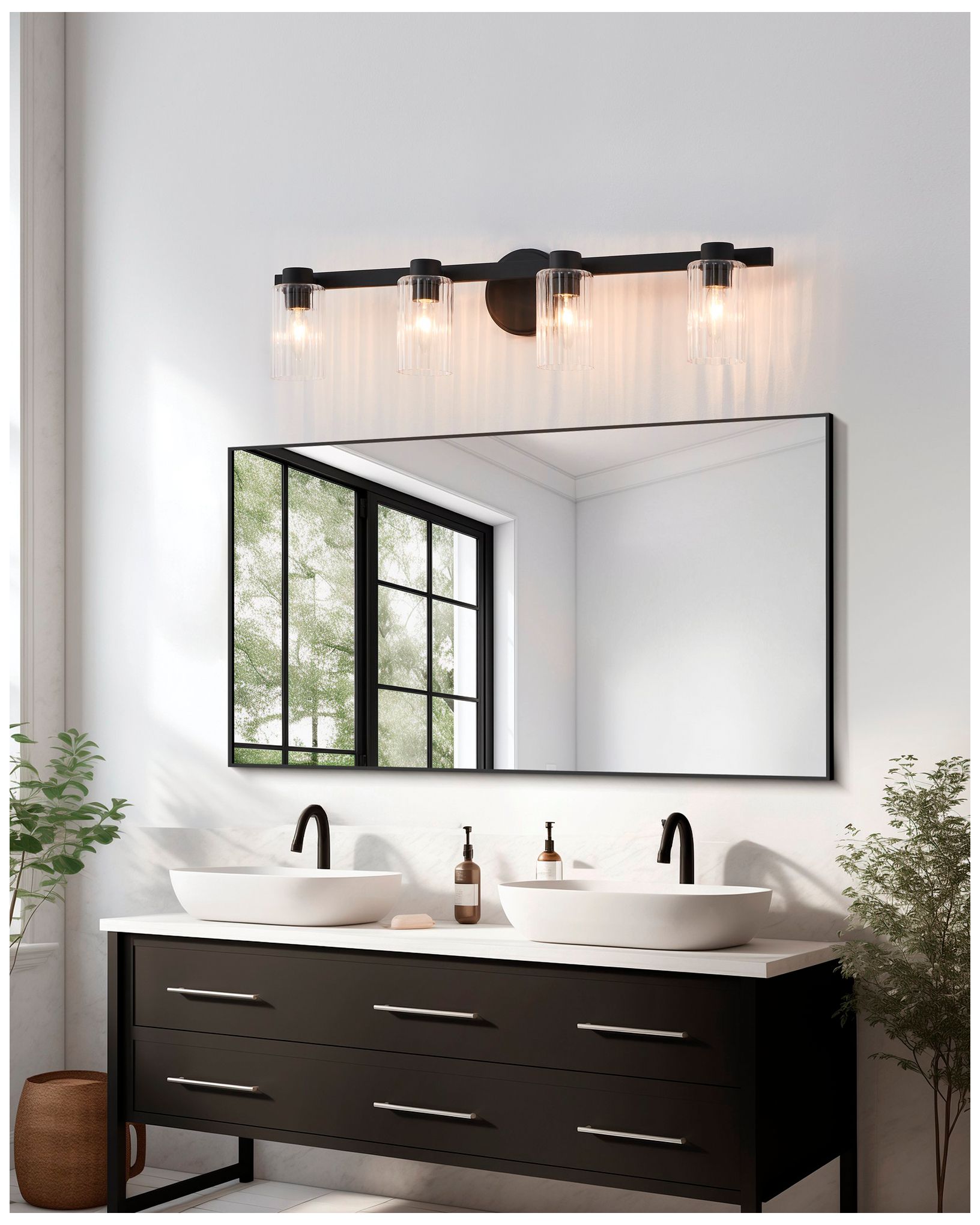 Thesis Bedminster 30" Matte Black Vanity Light w/ Clear Ribbed Glass Shades