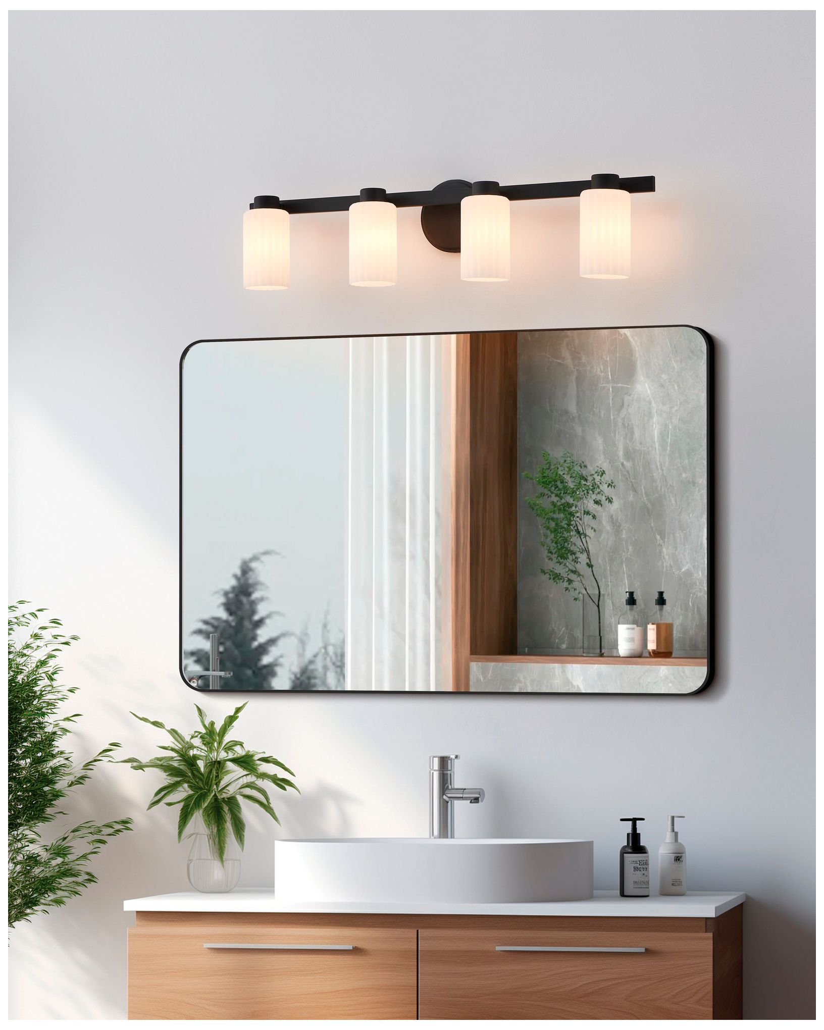 Image 7 Thesis Bedminster 30" Matte Black Vanity Light w/ Etched Opal Glass Shades more views