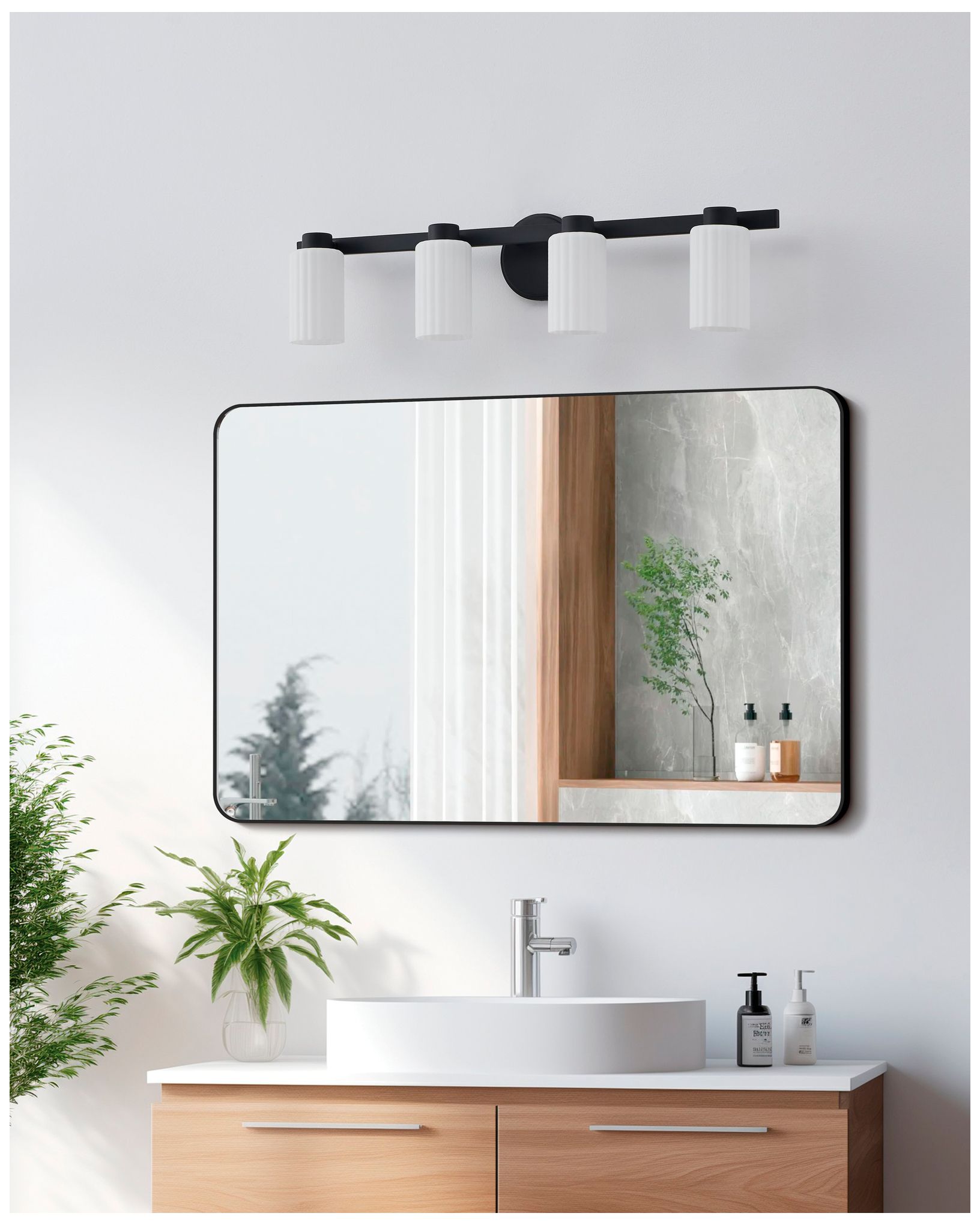 Thesis Bedminster 30" Matte Black Vanity Light w/ Etched Opal Glass Shades