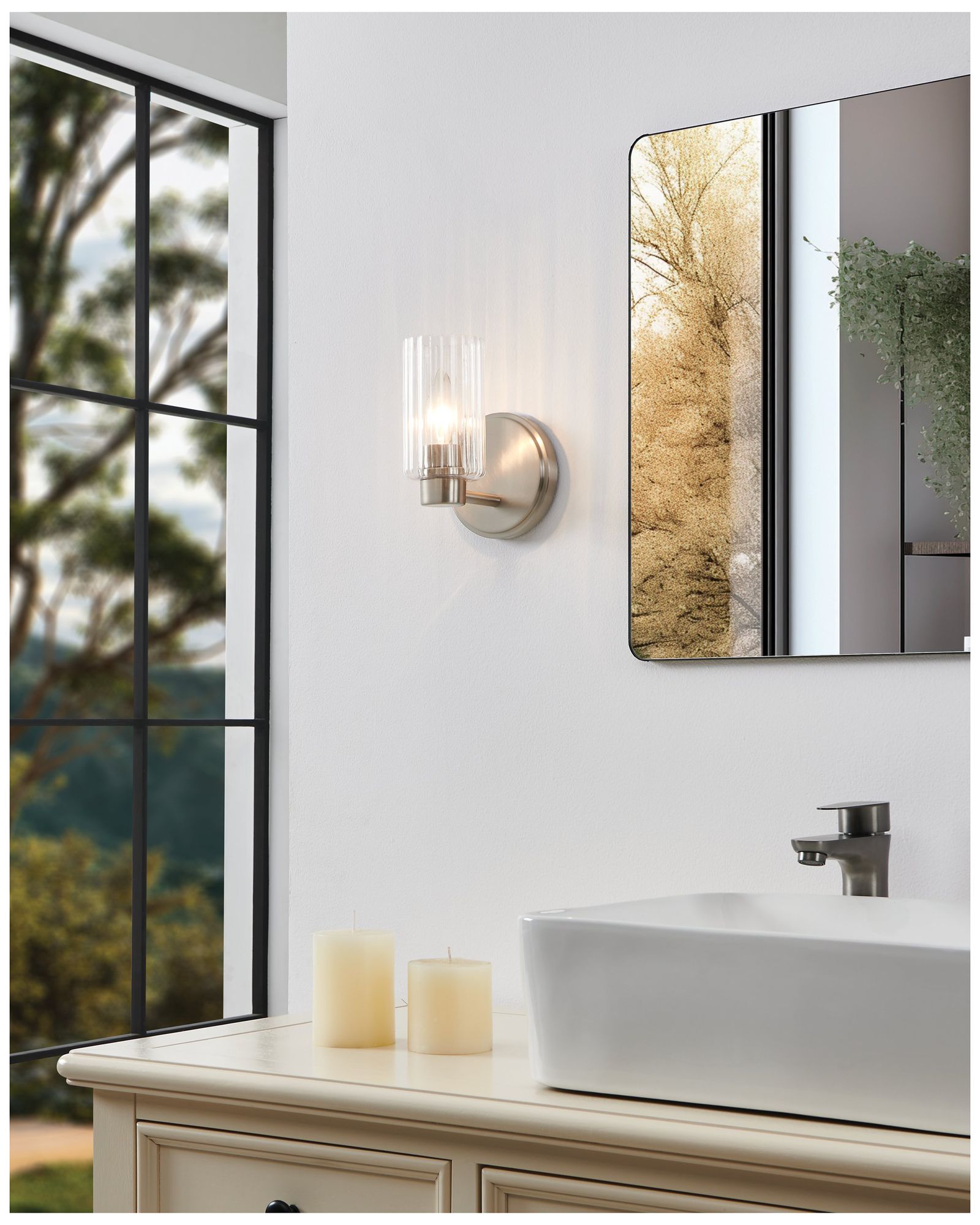 Thesis Bedminster 5" Br. Nickel Vanity Light, Etched Opal Ribbed Glass
