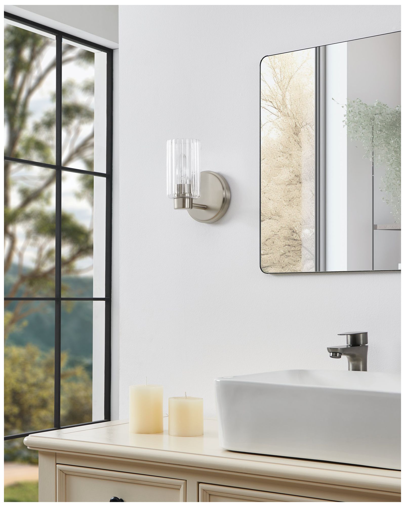 Thesis Bedminster 5" Br. Nickel Vanity Light, Etched Opal Ribbed Glass