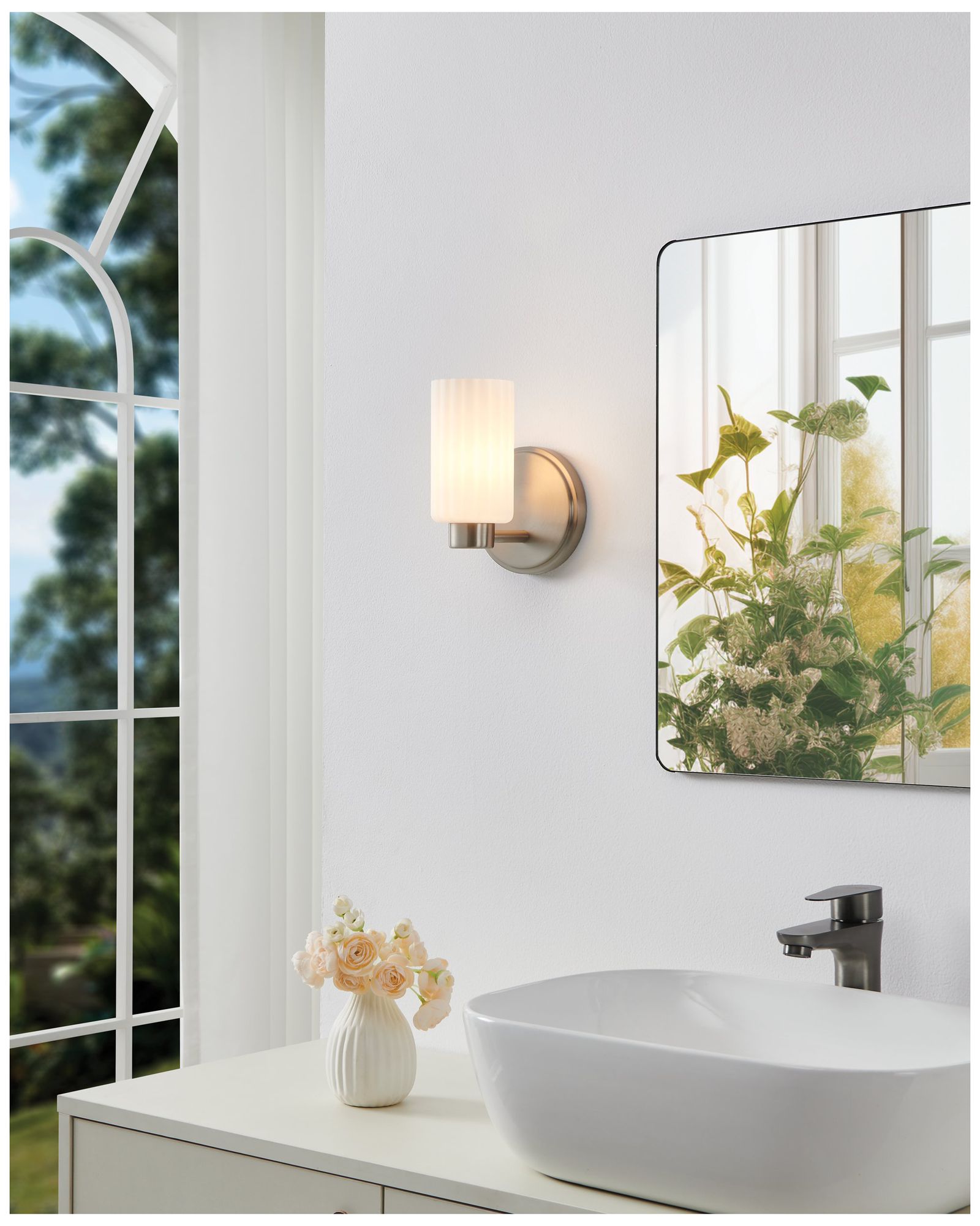 Image 7 Thesis Bedminster 5" Br. Nickel Vanity Light, Etched Opal Ribbed Glass more views