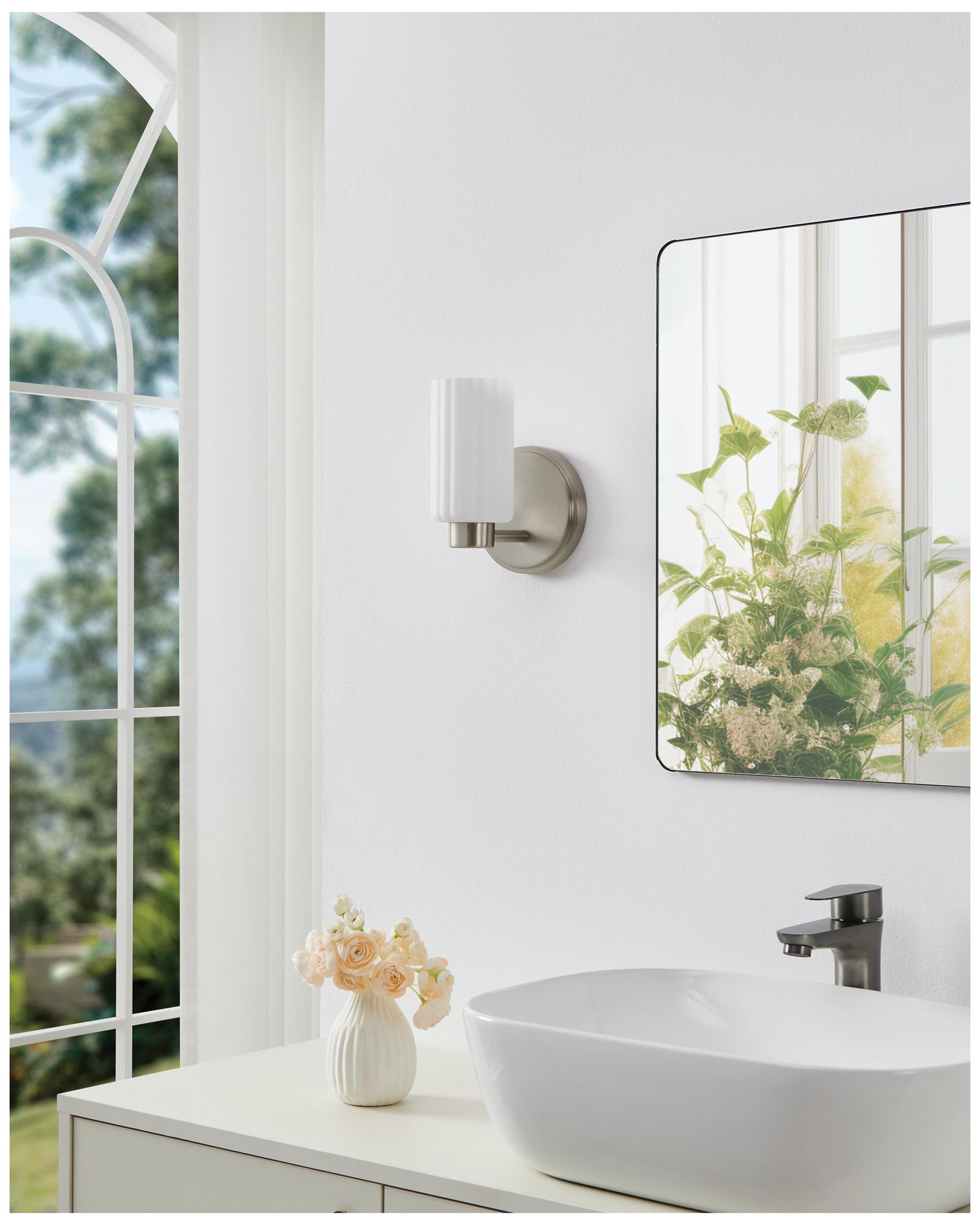 Thesis Bedminster 5" Br. Nickel Vanity Light, Etched Opal Ribbed Glass