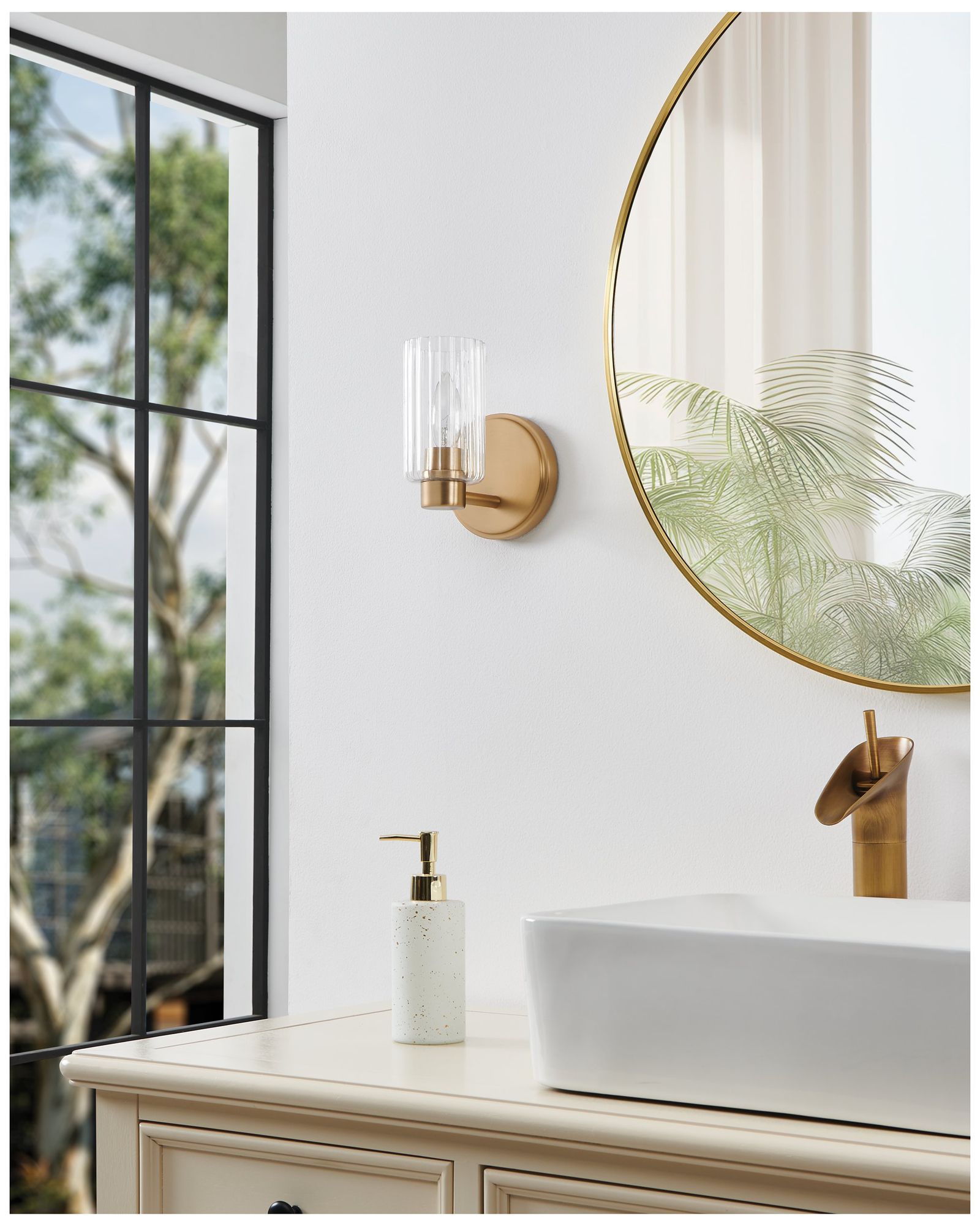 Thesis Bedminster 5" Champagne Gold Vanity Light, Clear Ribbed Glass Shade