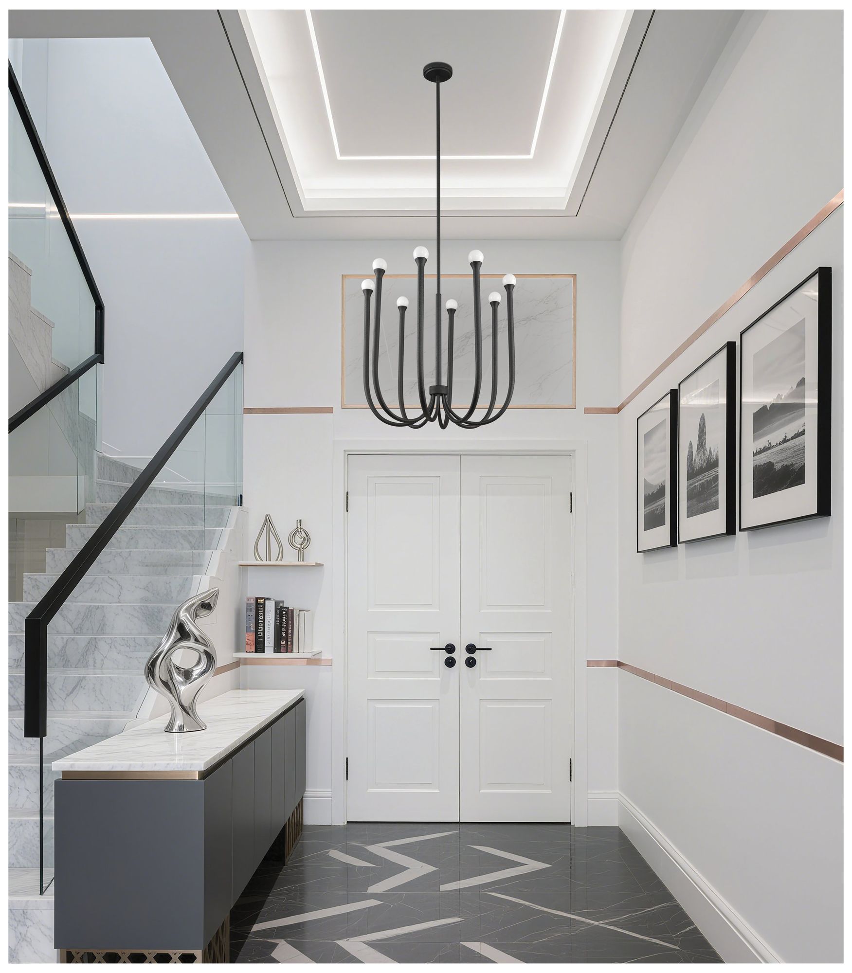 Image 6 Thesis Dahlia 28" 8 Light Textured Black Chandelier with Opal Glass Shades more views