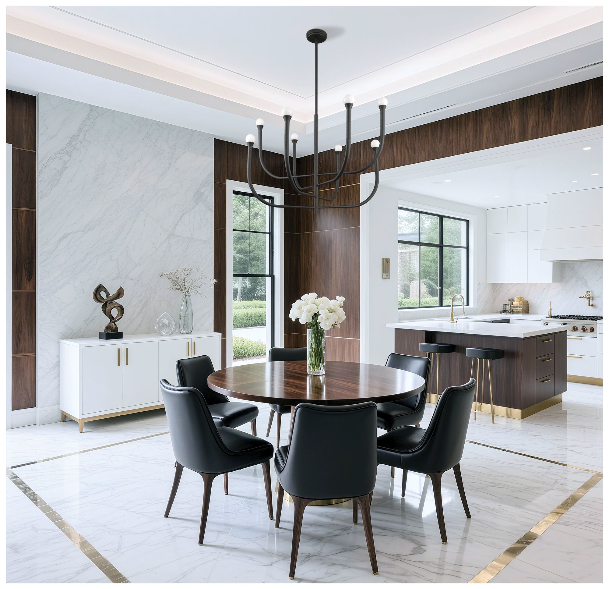 Image 6 Thesis Dahlia 36" 8 Light Textured Black Chandelier with Opal Glass Shades more views