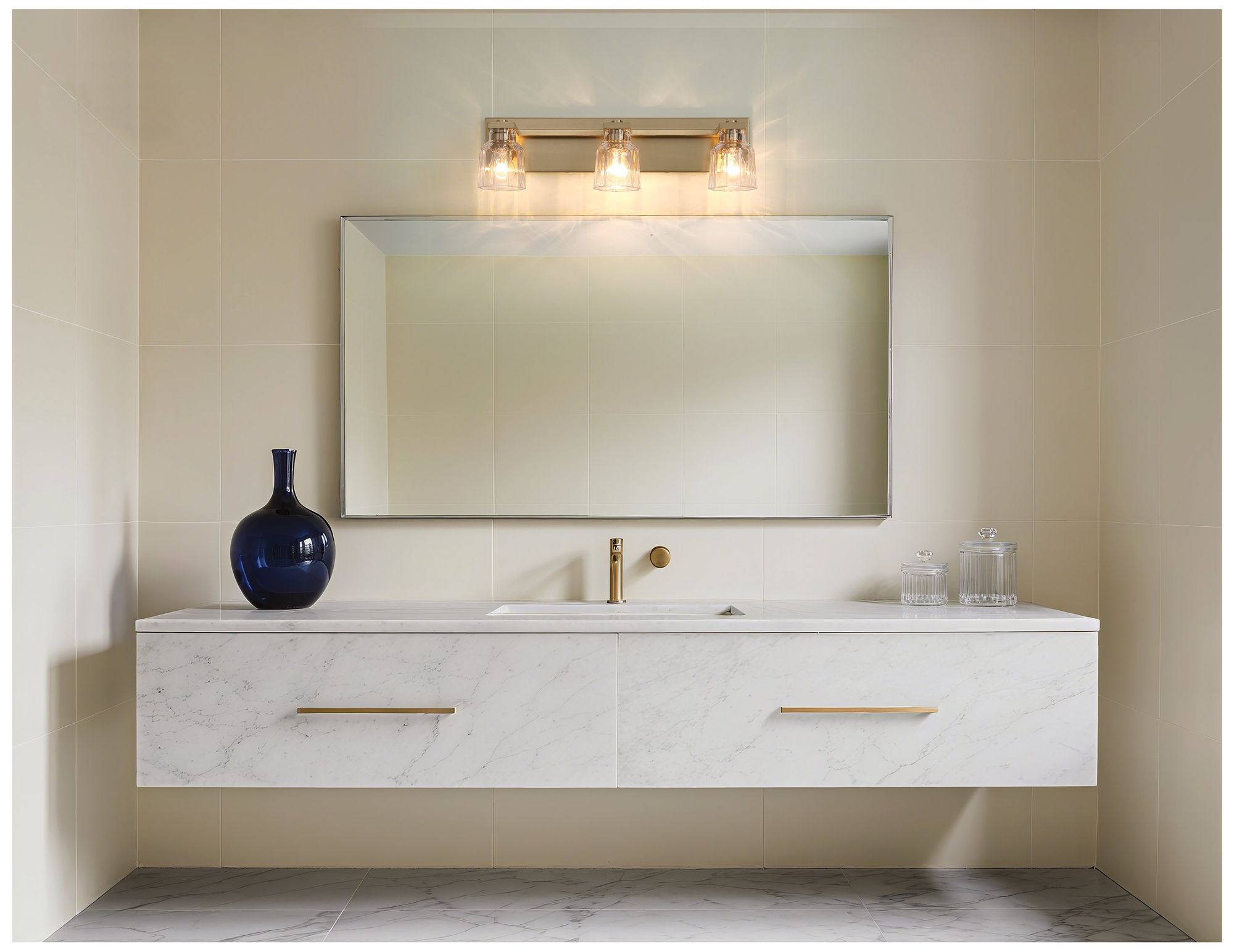 Thesis Dryden 24" Champagne Gold Vanity Light w/ Clear Ribbed Glass Shades