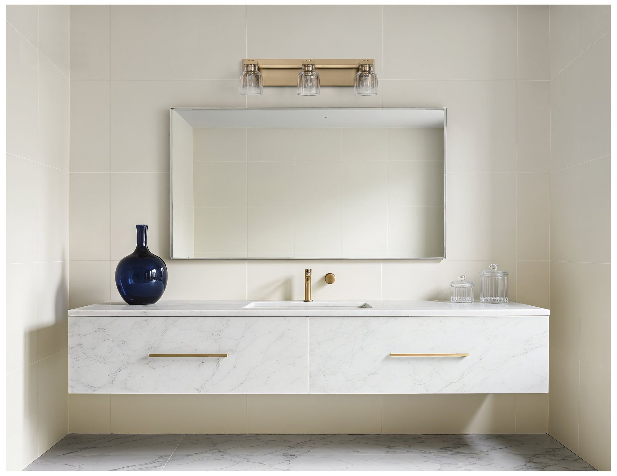 Thesis Dryden 24" Champagne Gold Vanity Light w/ Clear Ribbed Glass Shades