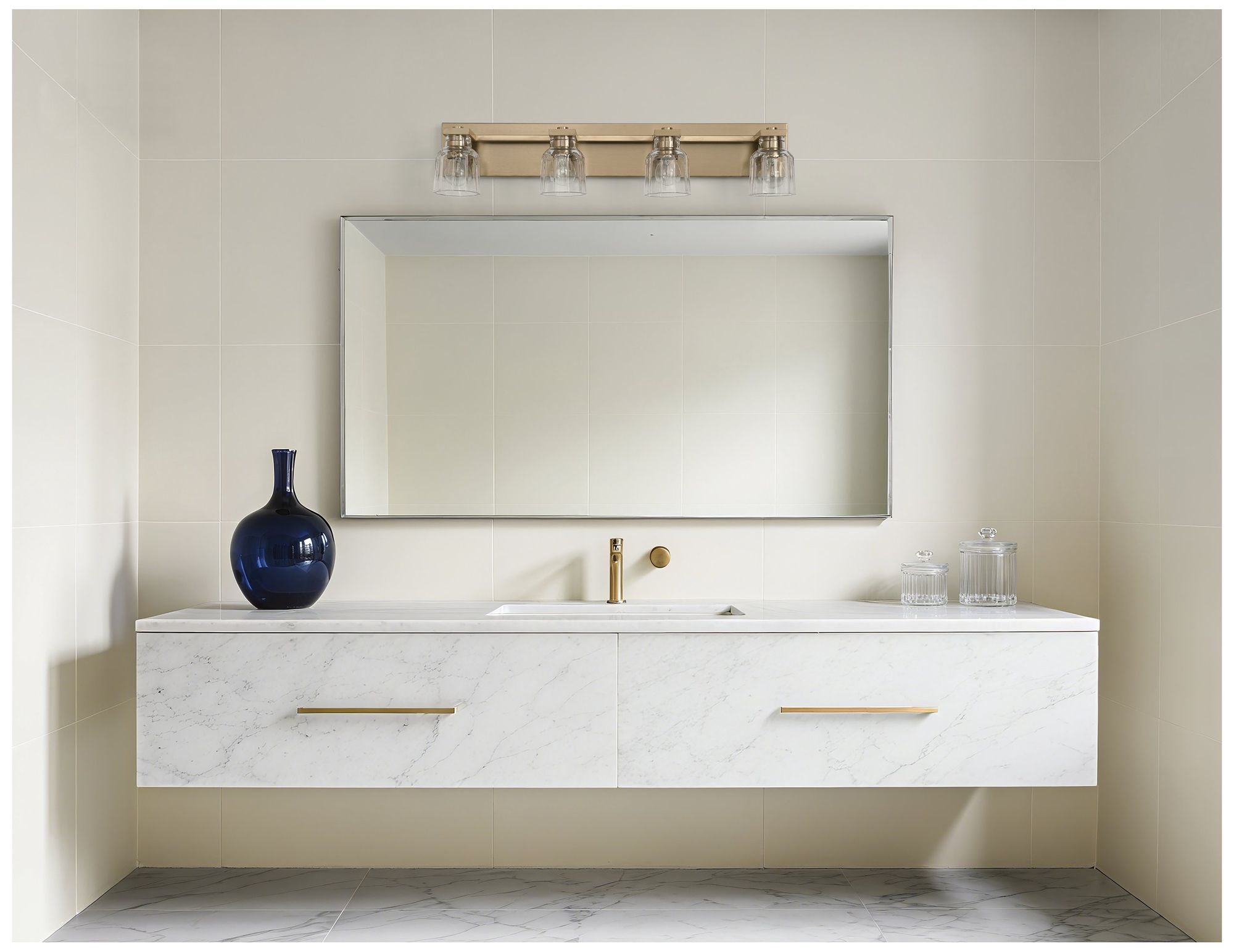 Thesis Dryden 32" Champagne Gold Vanity Light - Clear Ribbed Glass Shades