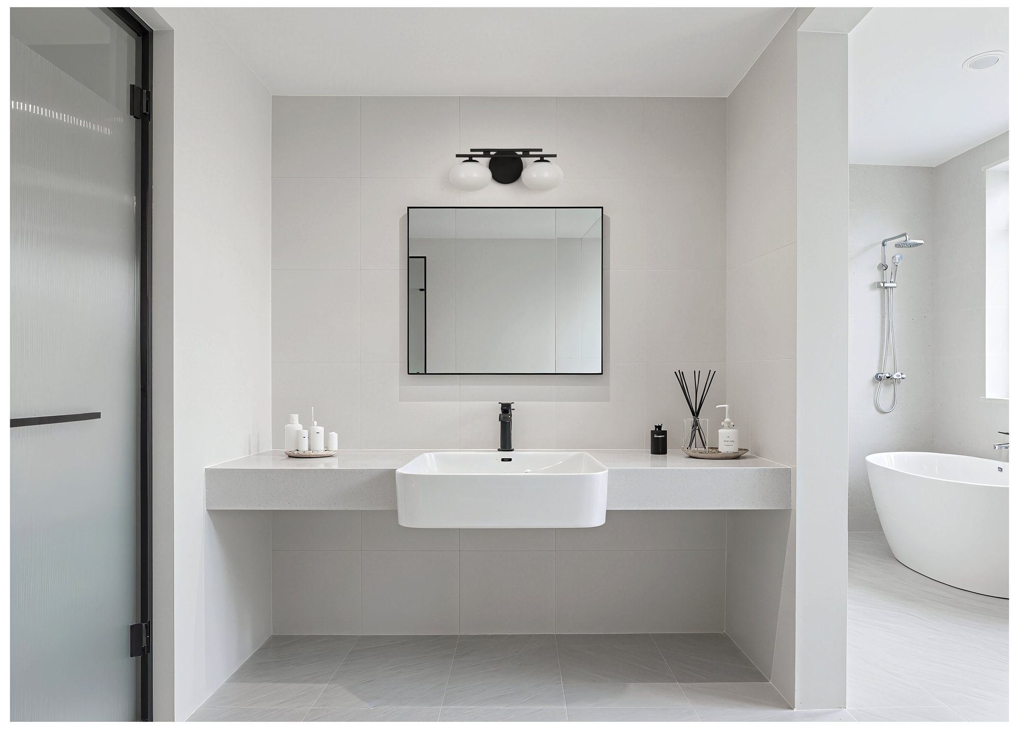 Thesis Julep 16-inch Matte Black Vanity Light with Opal Glass Shades