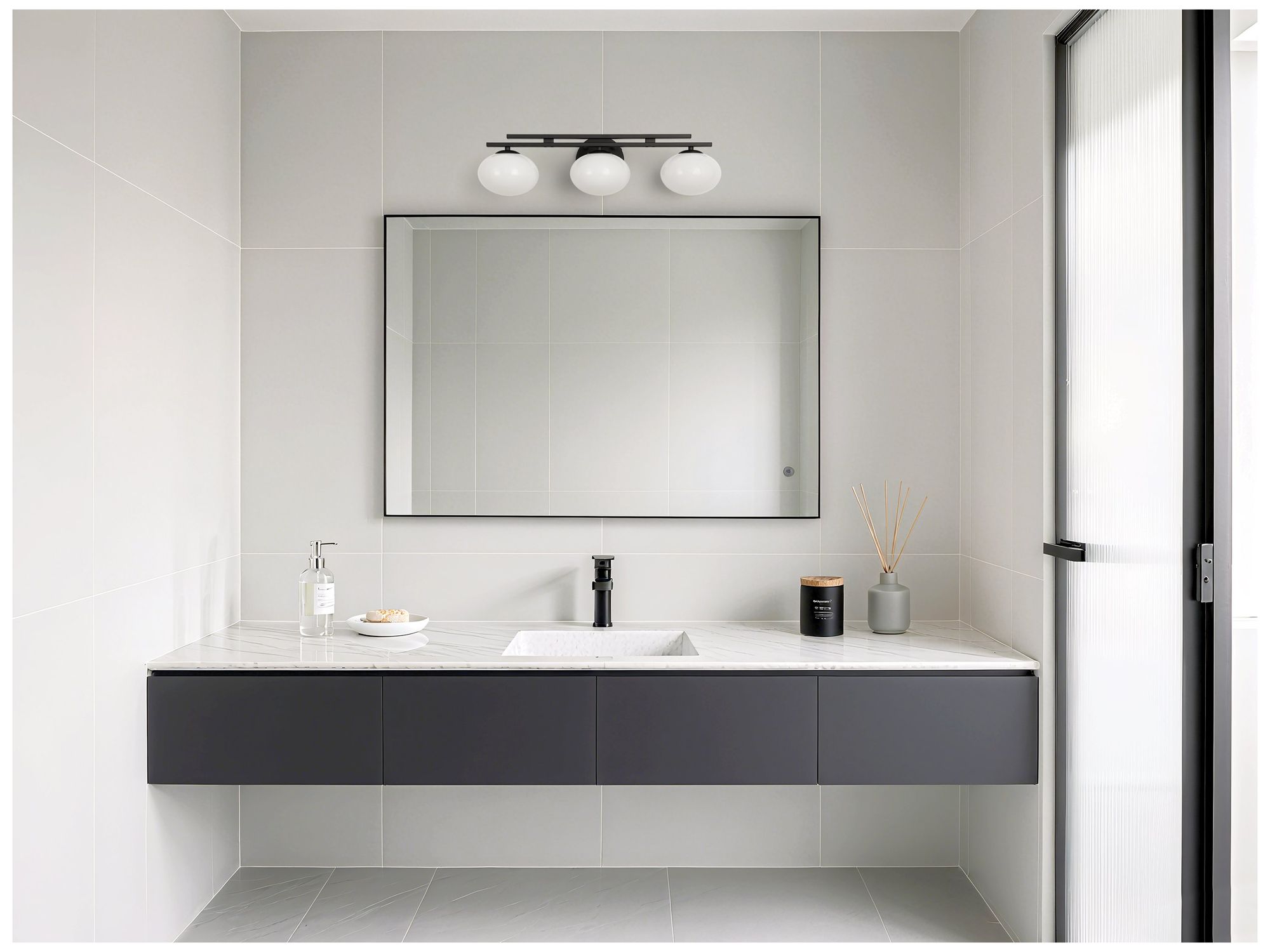 Thesis Julep 24-inch Matte Black Vanity Light with Opal Glass Shades