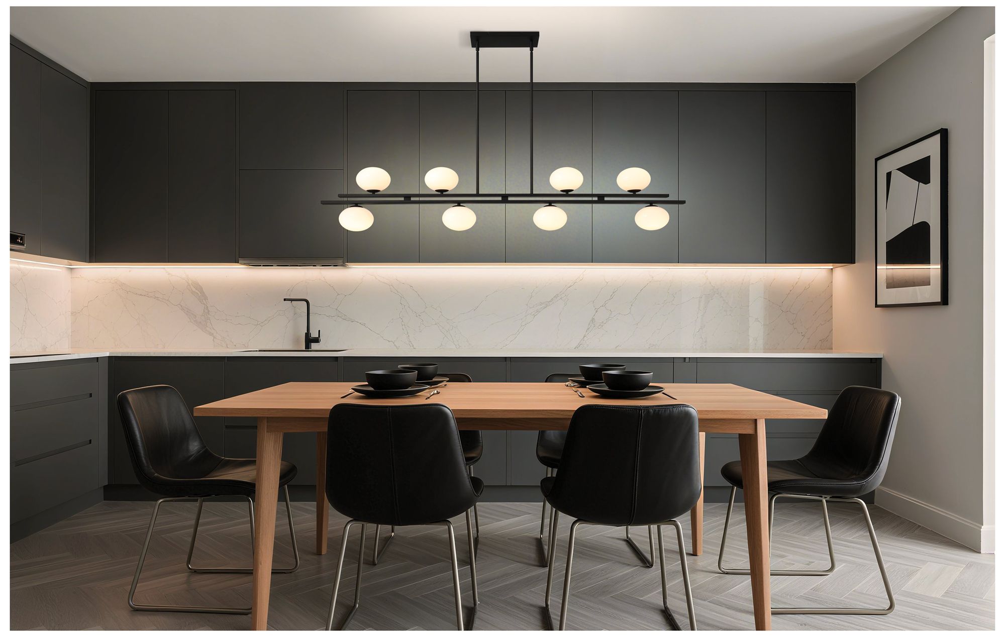 Image 6 Thesis Julep 64" 8 Light Matte Black Linear Chandelier w/ Opal Glass Shades more views