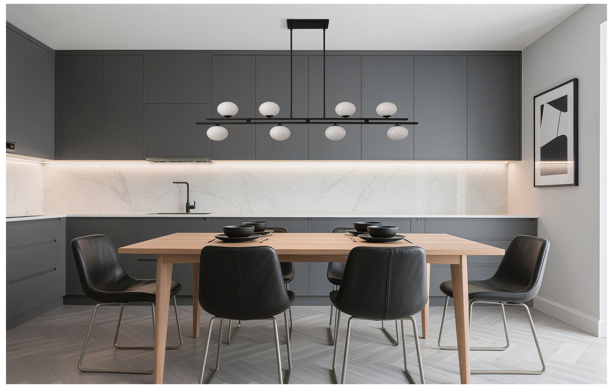 Image 7 Thesis Julep 64" 8 Light Matte Black Linear Chandelier w/ Opal Glass Shades more views