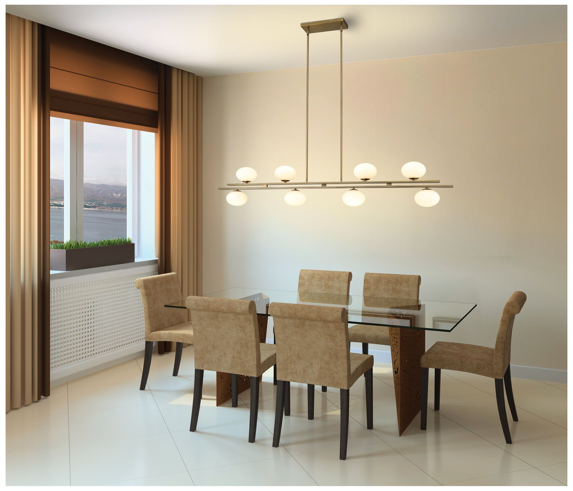 Image 6 Thesis Julep 8 Light Brushed Gold Linear Chandelier w/ Opal Glass Shades more views