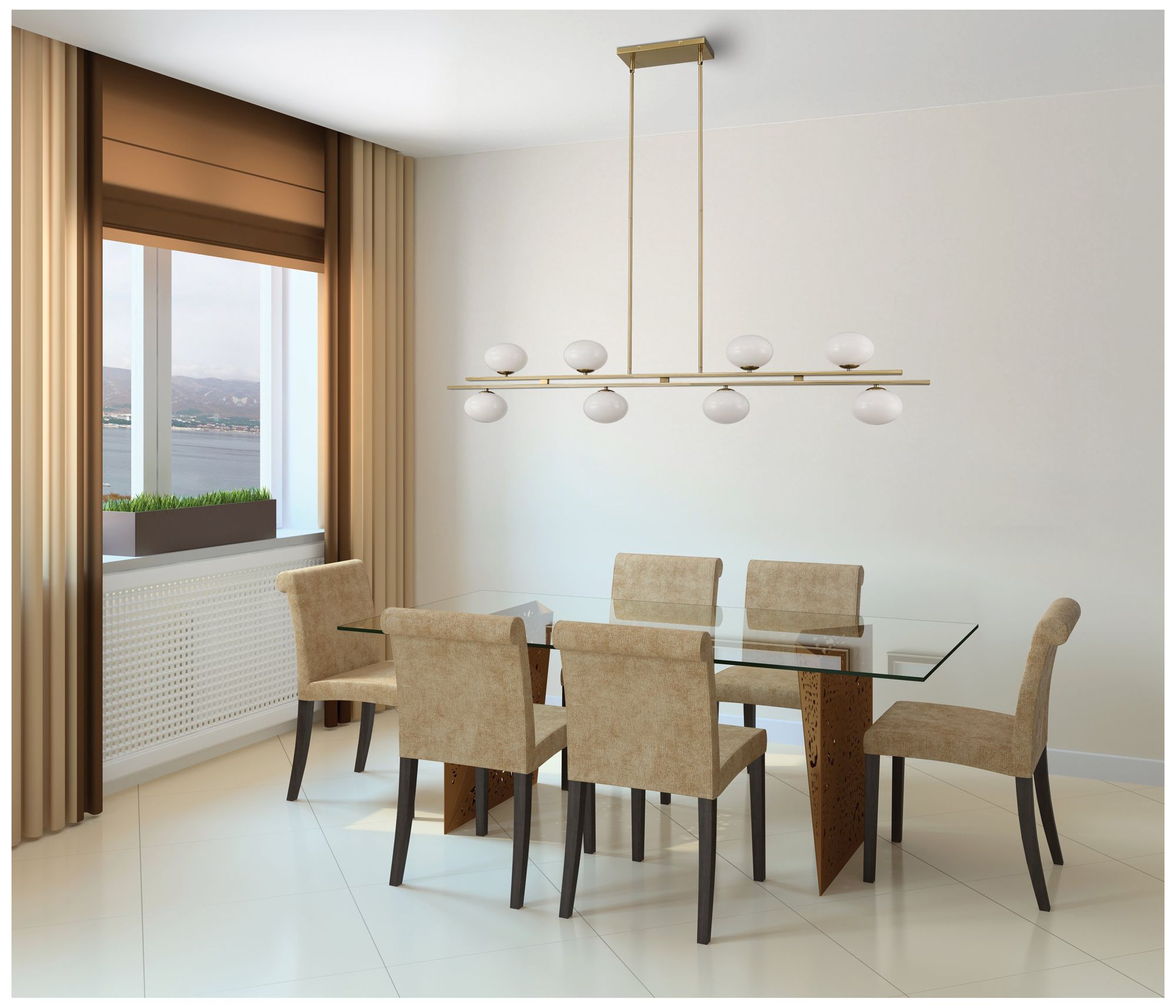 Image 7 Thesis Julep 8 Light Brushed Gold Linear Chandelier w/ Opal Glass Shades more views