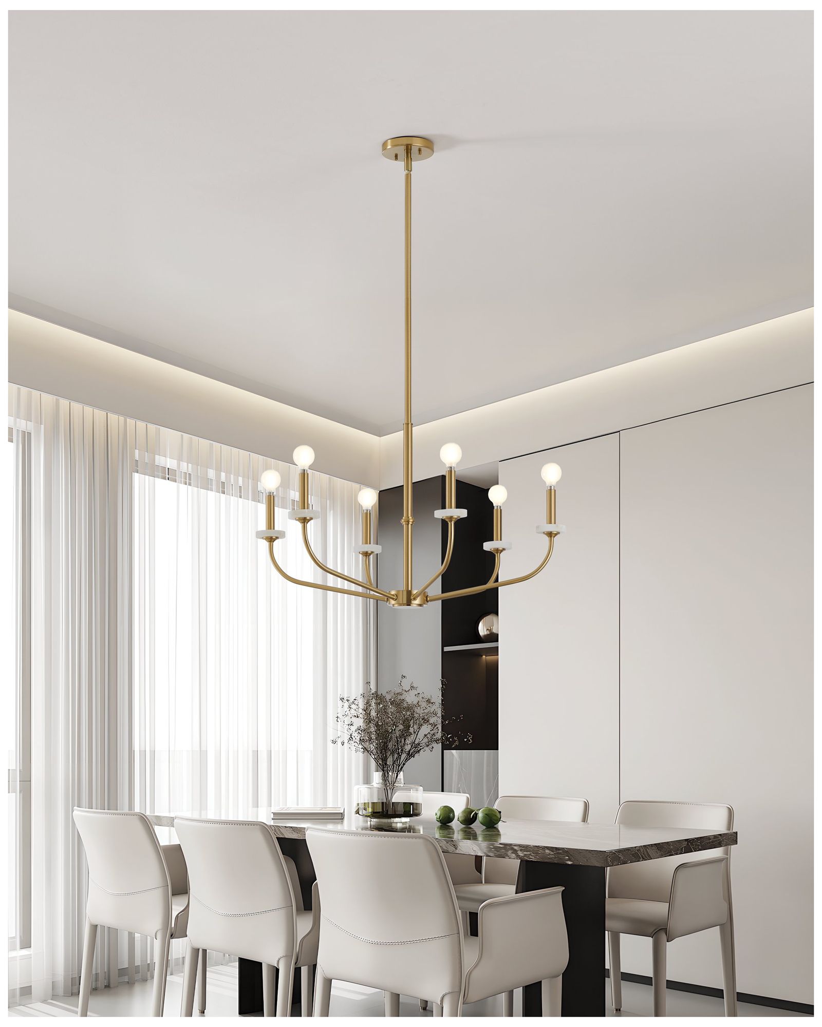 Thesis Leah 30" 6 Light Brushed Gold and White Onyx Chandelier