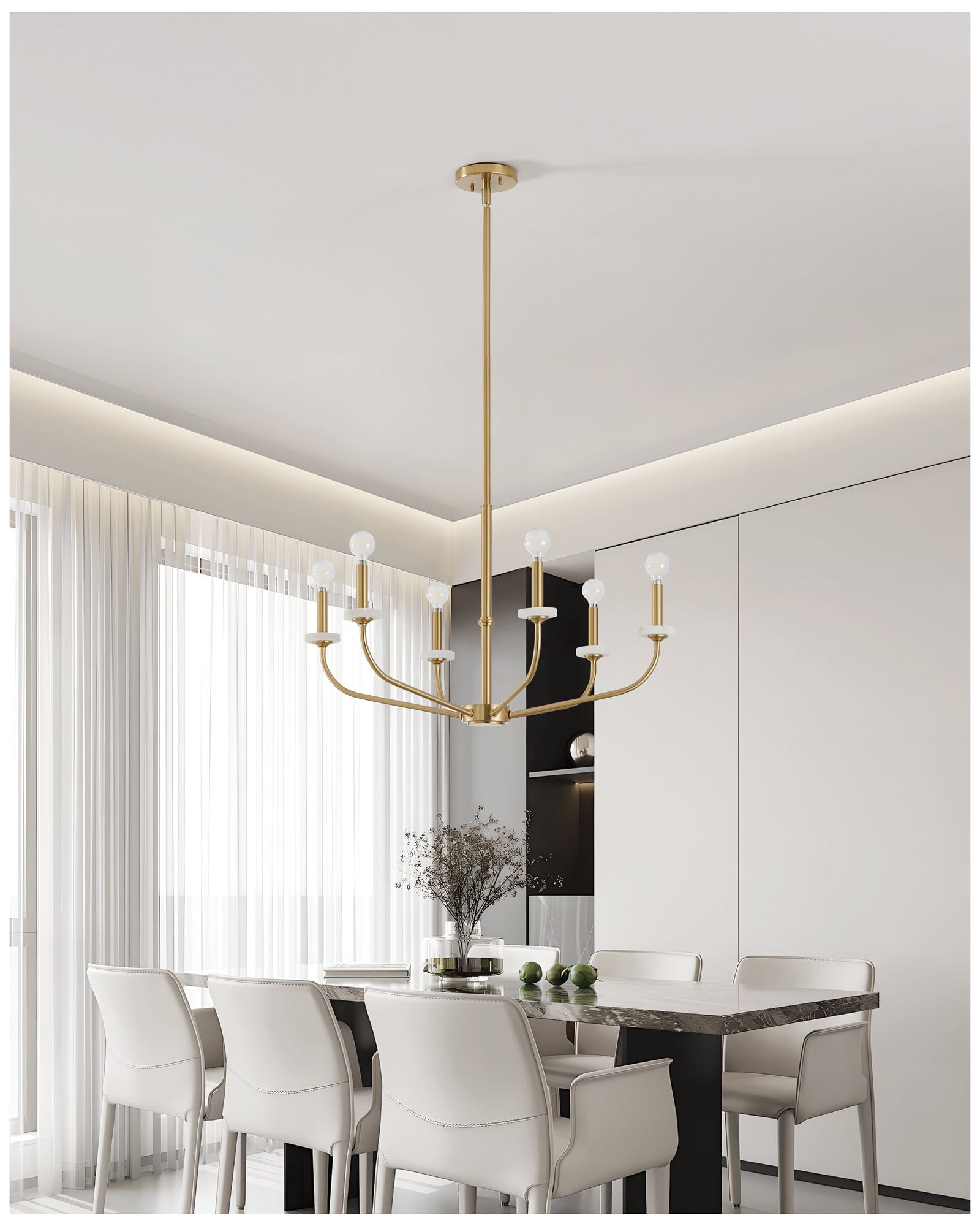 Thesis Leah 30" 6 Light Brushed Gold and White Onyx Chandelier