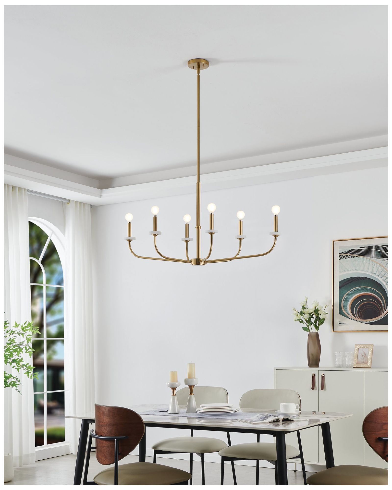 Thesis Leah 42" 6 Light Brushed Gold and White Onyx Chandelier