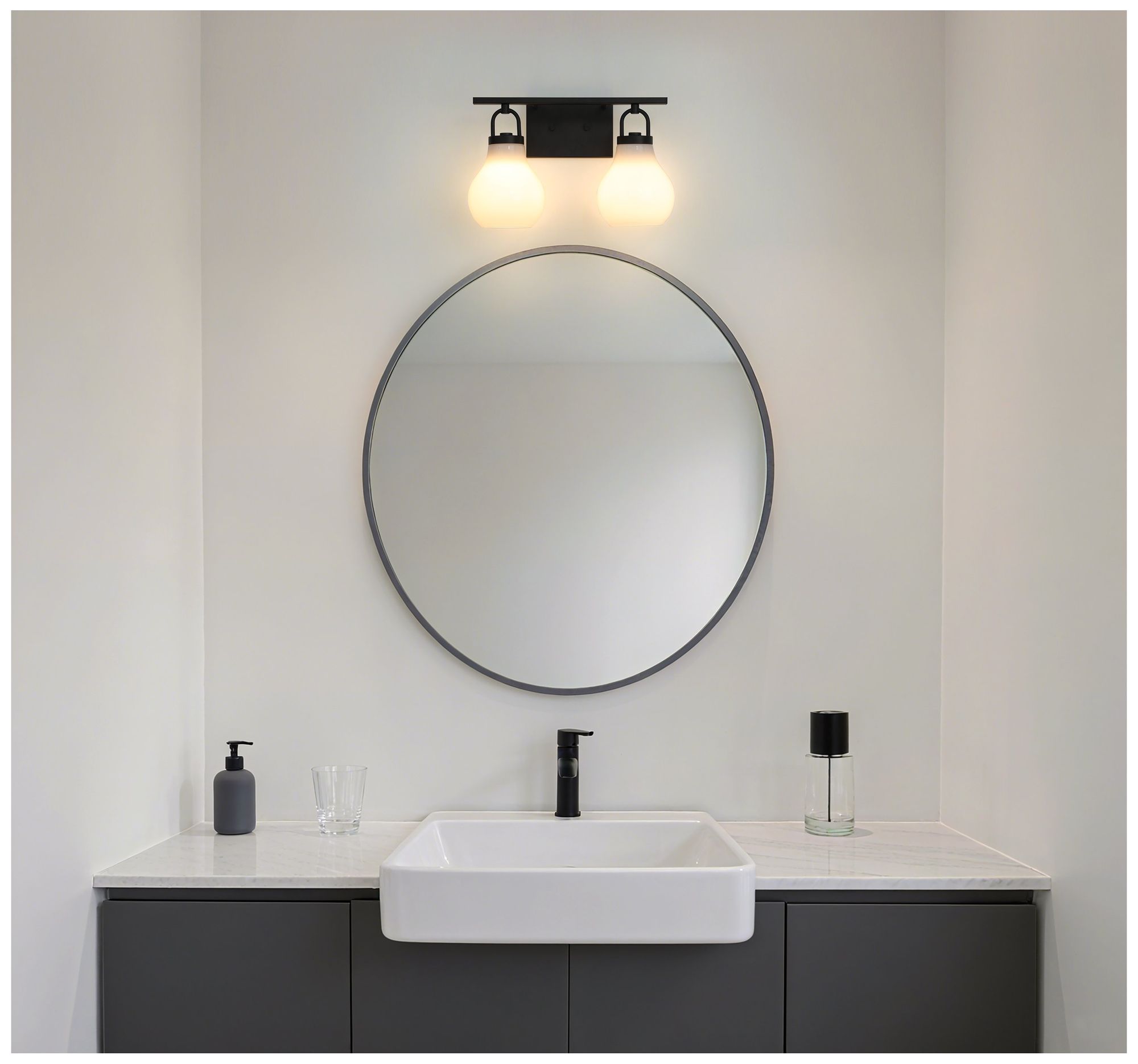 Image 5 Thesis Mansfield 16-inch Matte Black Vanity Light with Opal Glass Shades more views