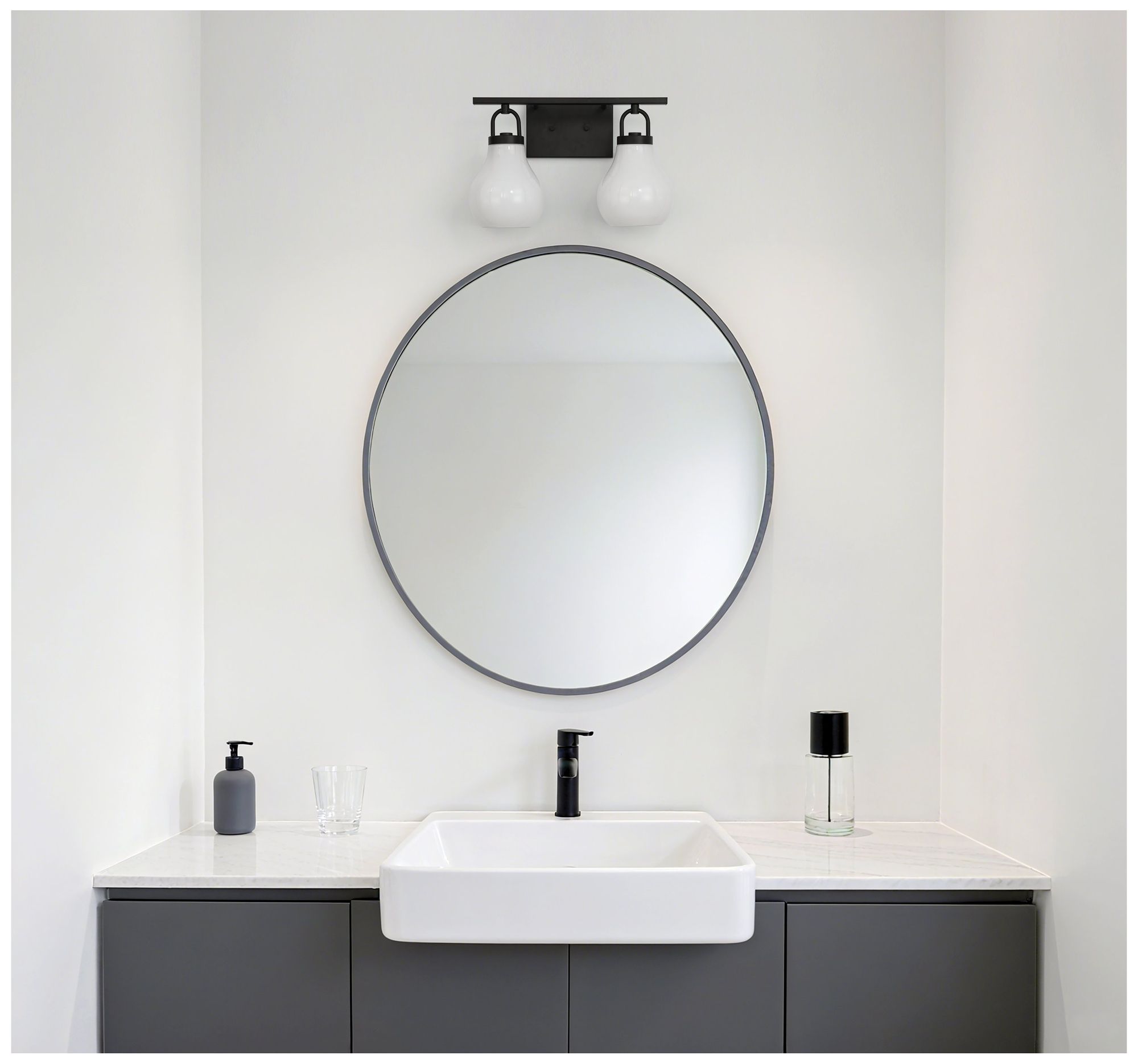 Image 6 Thesis Mansfield 16-inch Matte Black Vanity Light with Opal Glass Shades more views