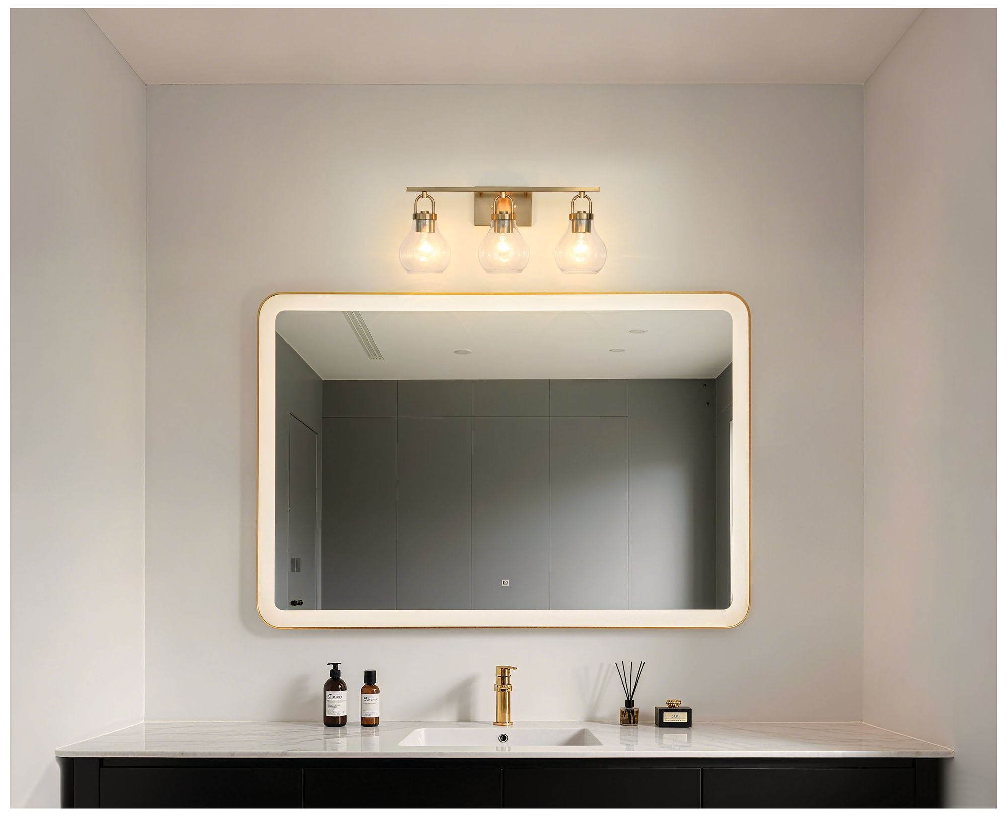 Image 7 Thesis Mansfield 24" Champagne Gold Vanity Light w/ Clear Glass Shades more views
