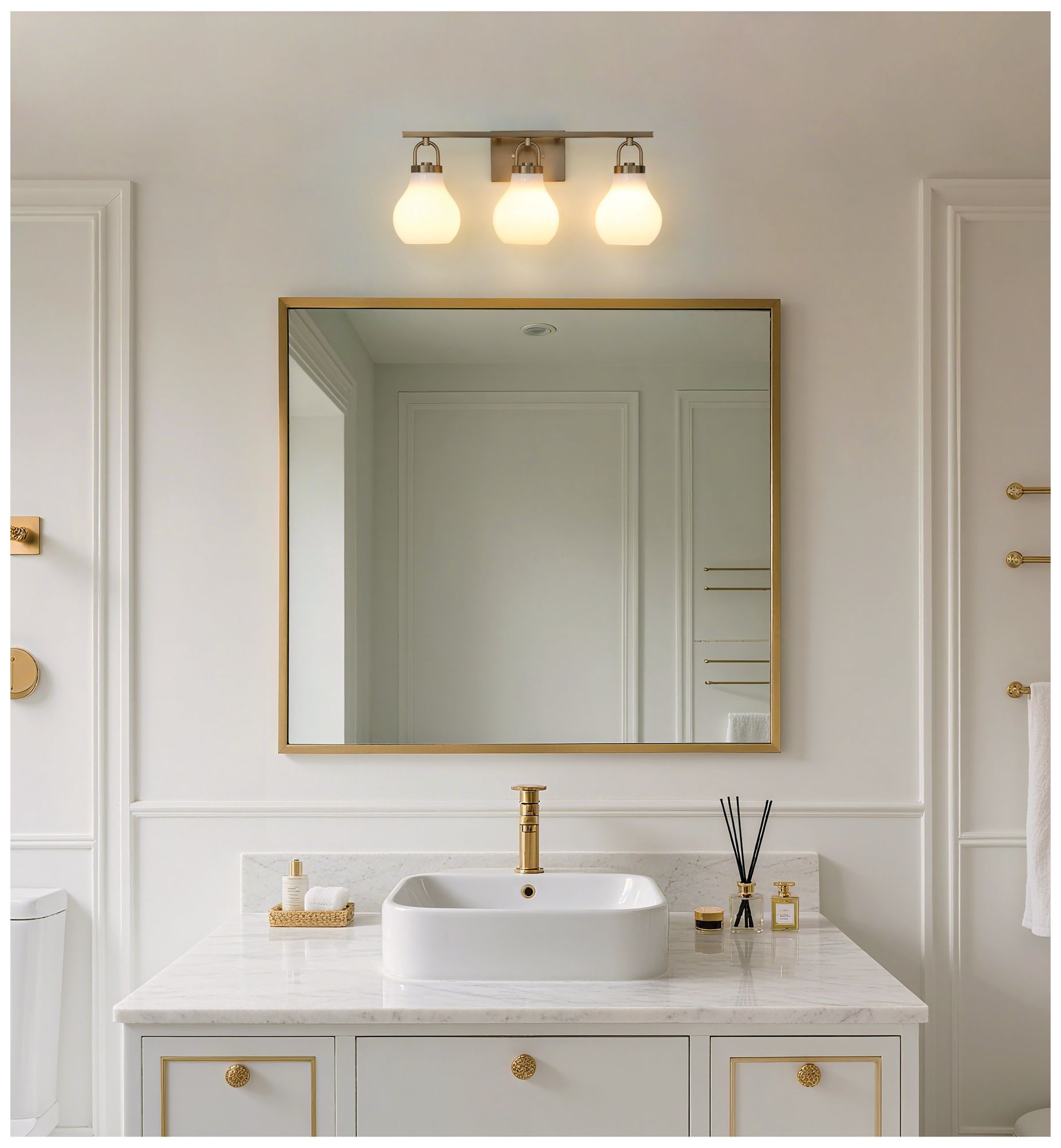 Image 5 Thesis Mansfield 24-inch Champagne Gold Vanity Light - Opal Glass Shades more views