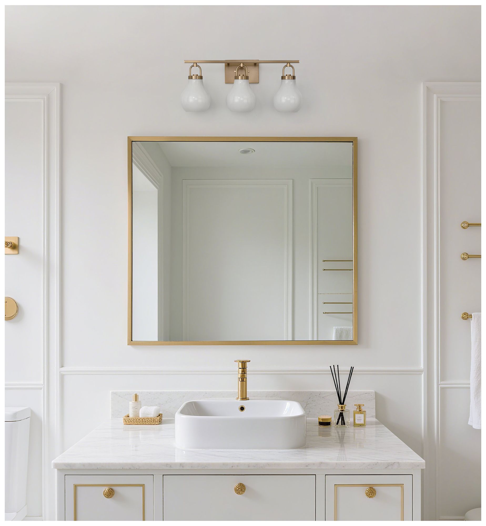 Image 6 Thesis Mansfield 24-inch Champagne Gold Vanity Light - Opal Glass Shades more views
