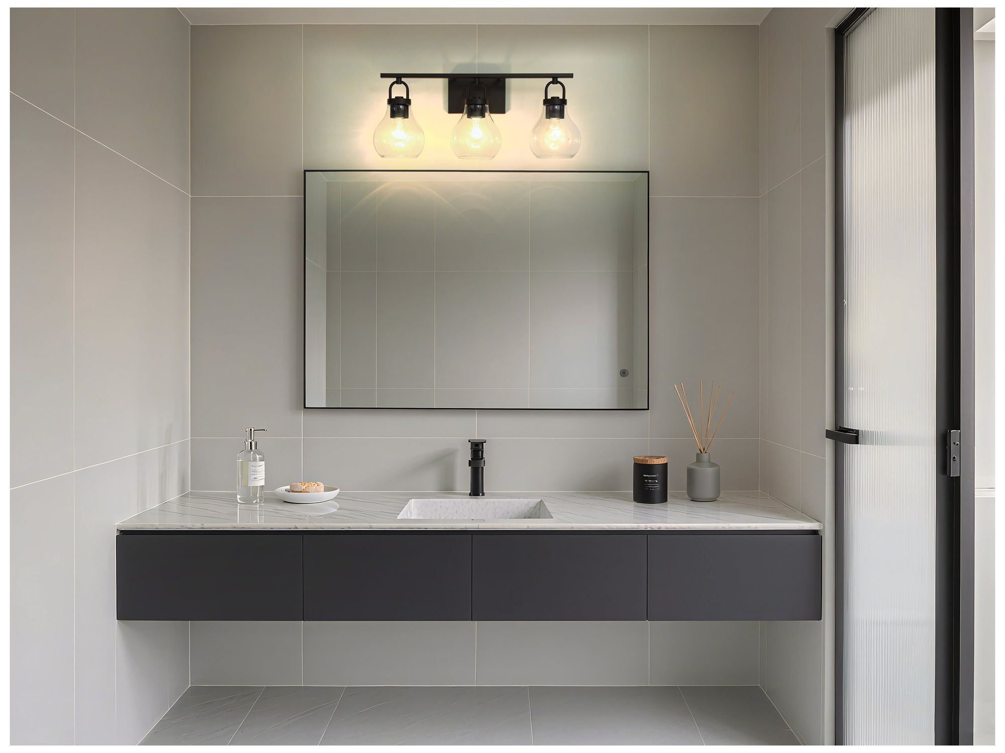 Image 7 Thesis Mansfield 24-inch Matte Black Vanity Light with Clear Glass Shades more views