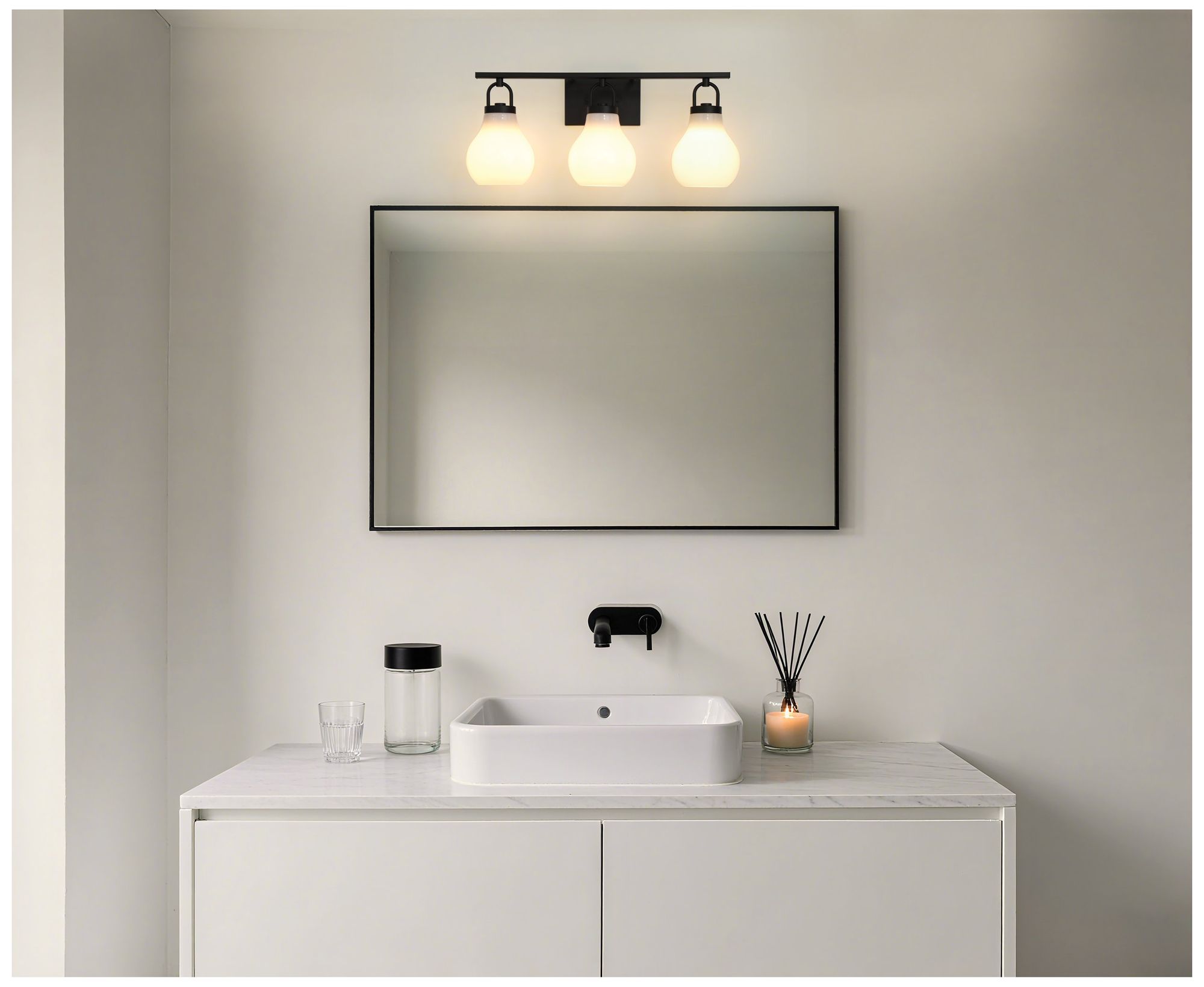 Image 5 Thesis Mansfield 24-inch Matte Black Vanity Light with Opal Glass Shades more views