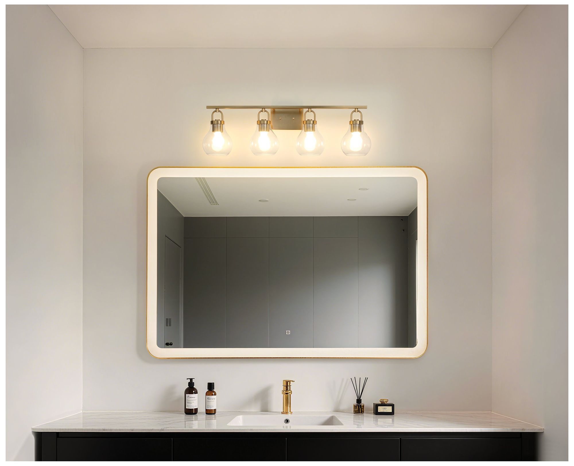 Image 5 Thesis Mansfield 34" Champagne Gold Vanity Light w/ Clear Glass Shades more views