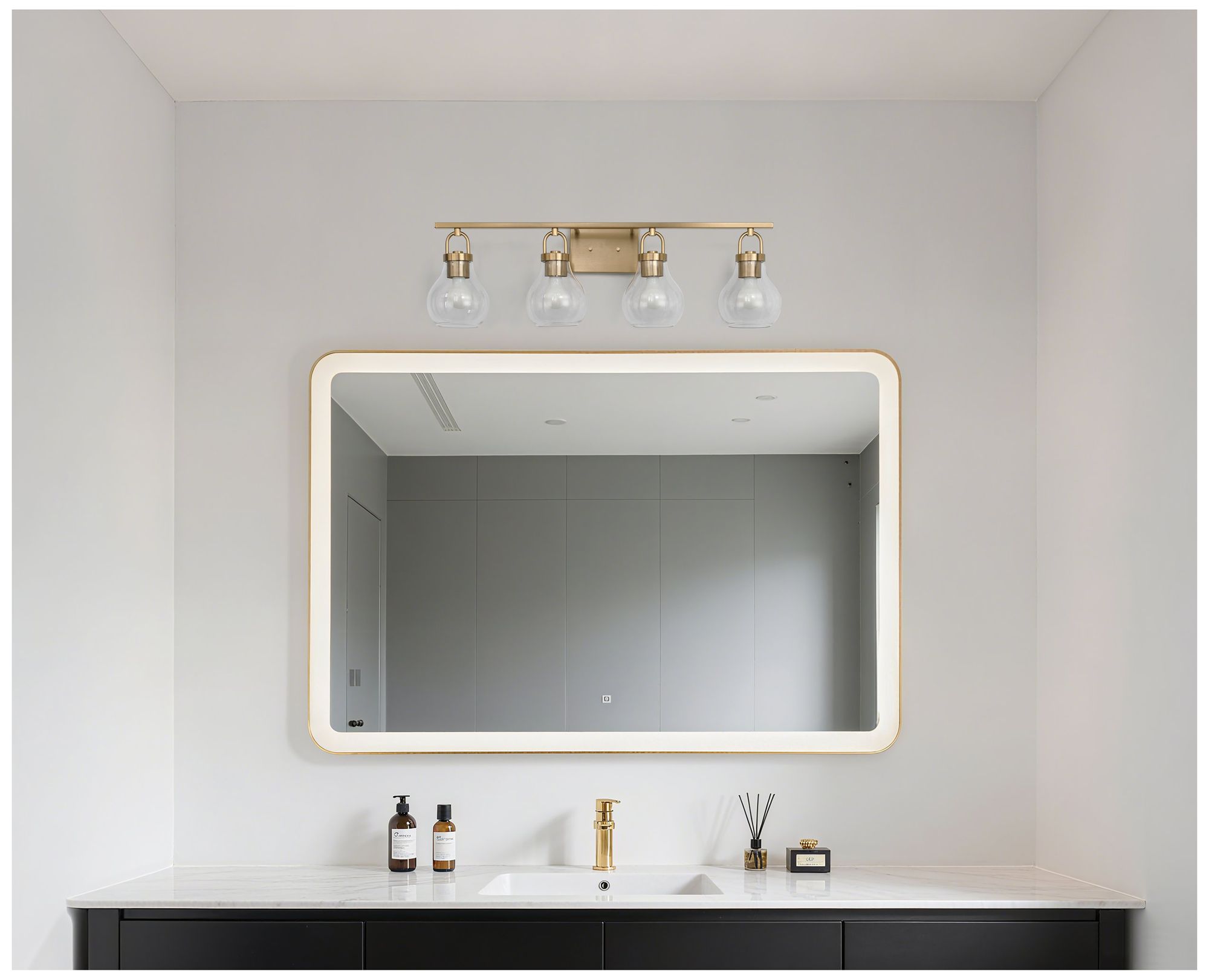 Image 6 Thesis Mansfield 34" Champagne Gold Vanity Light w/ Clear Glass Shades more views
