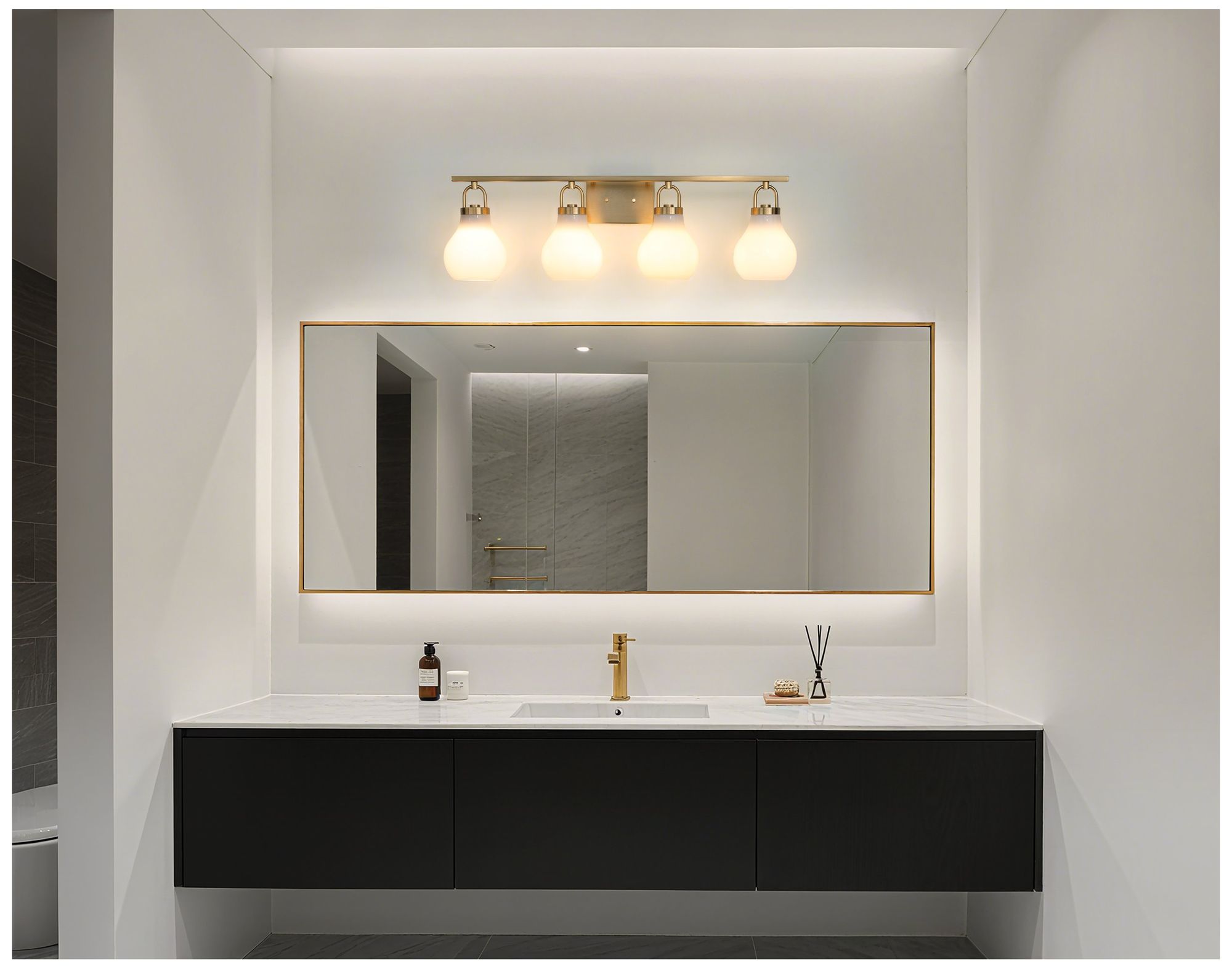 Image 5 Thesis Mansfield 34-inch Champagne Gold Vanity Light w/ Opal Glass Shades more views