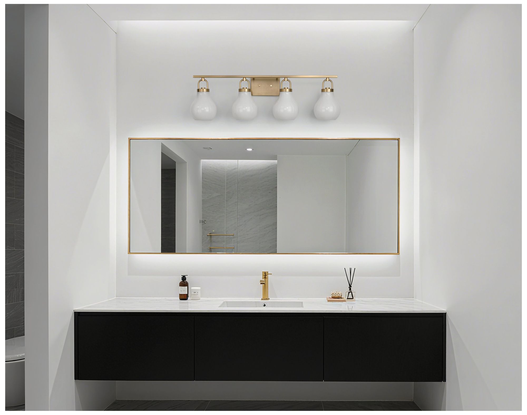 Image 6 Thesis Mansfield 34-inch Champagne Gold Vanity Light w/ Opal Glass Shades more views