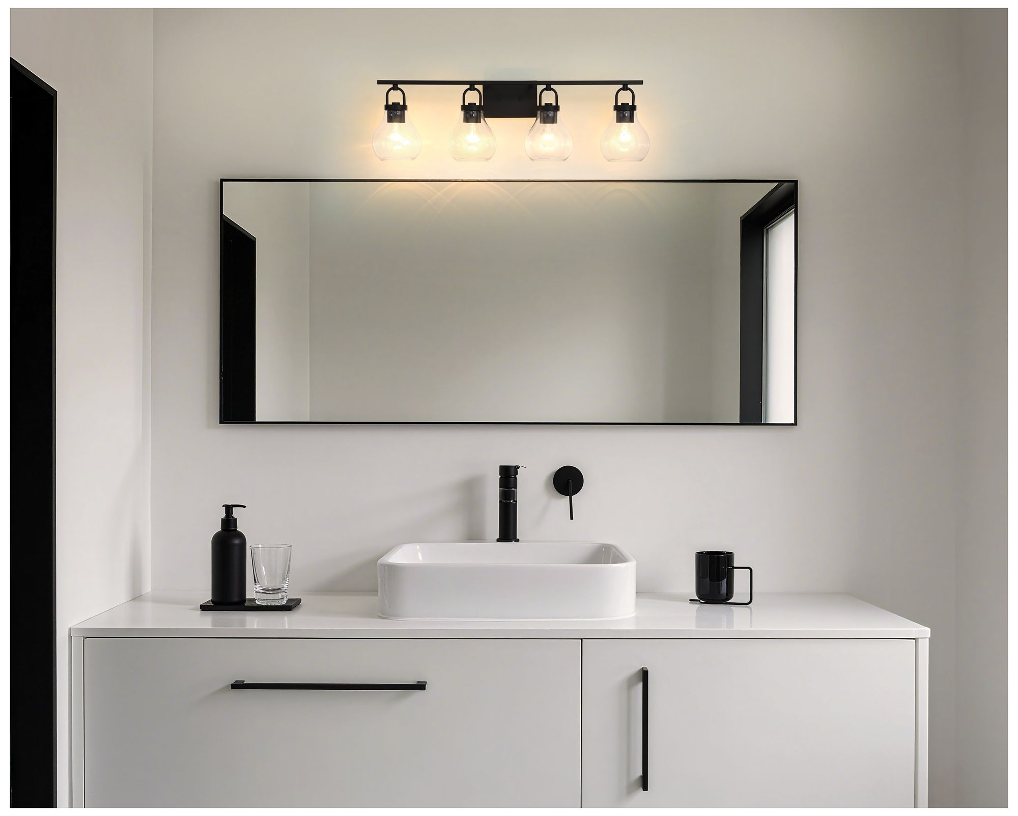 Image 5 Thesis Mansfield 34-inch Matte Black Vanity Light with Clear Glass Shades more views