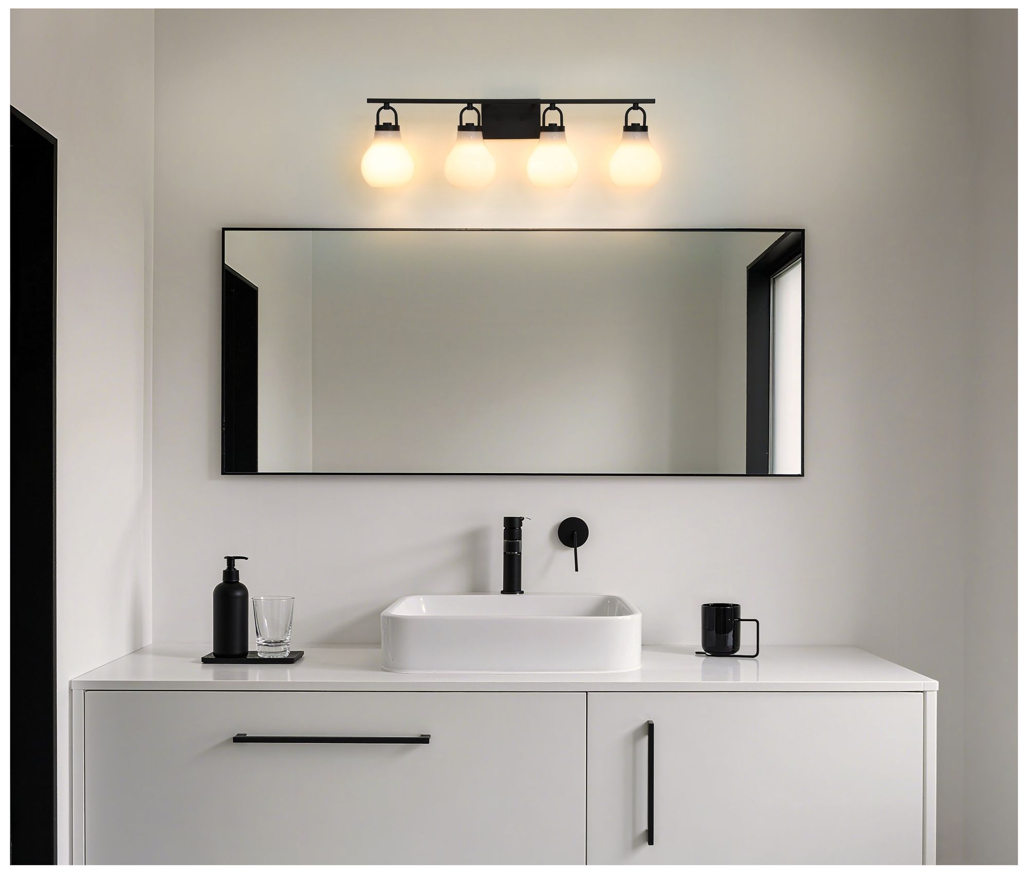Image 5 Thesis Mansfield 34-inch Matte Black Vanity Light with Opal Glass Shades more views