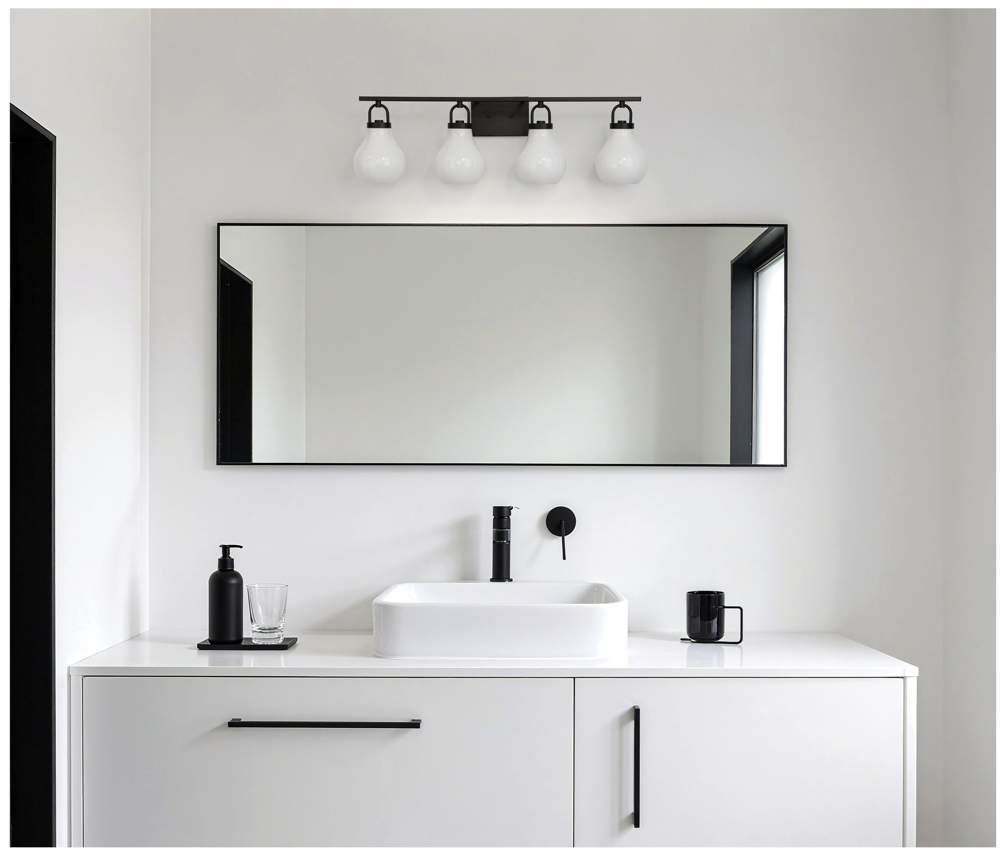 Image 6 Thesis Mansfield 34-inch Matte Black Vanity Light with Opal Glass Shades more views