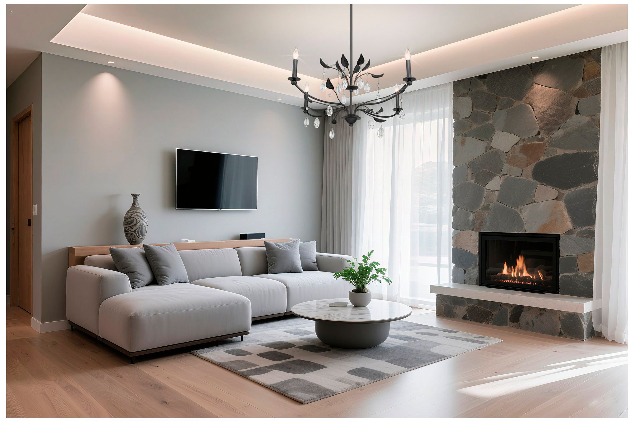 Image 7 Thesis Presley 36" 4 Light Textured Black Chandelier with Clear Glass Drops more views