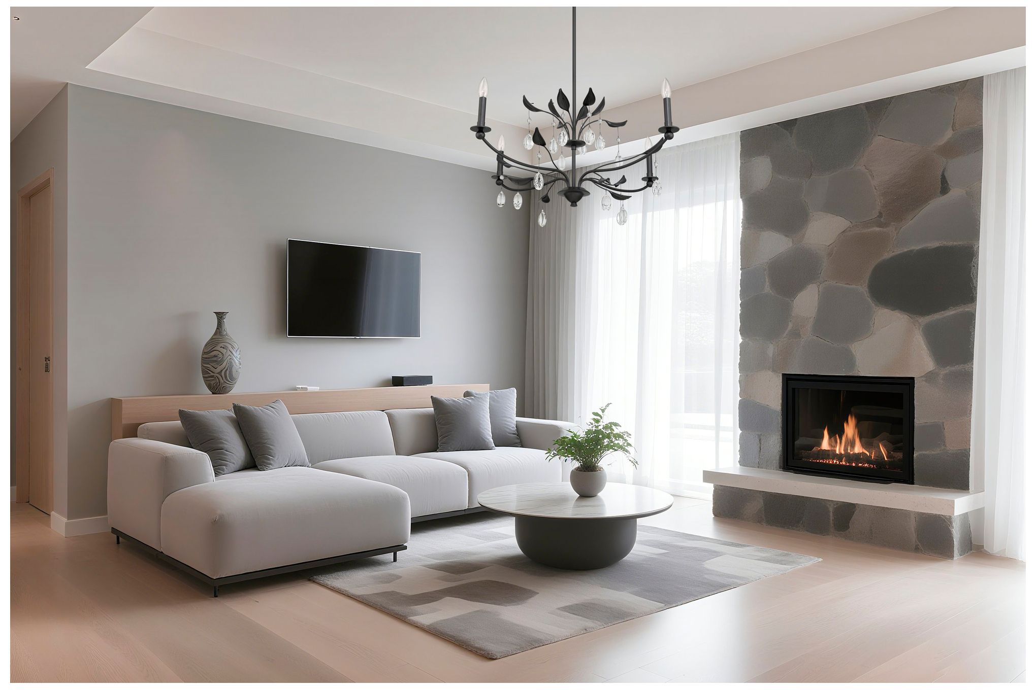 Thesis Presley 36" 4 Light Textured Black Chandelier with Clear Glass Drops