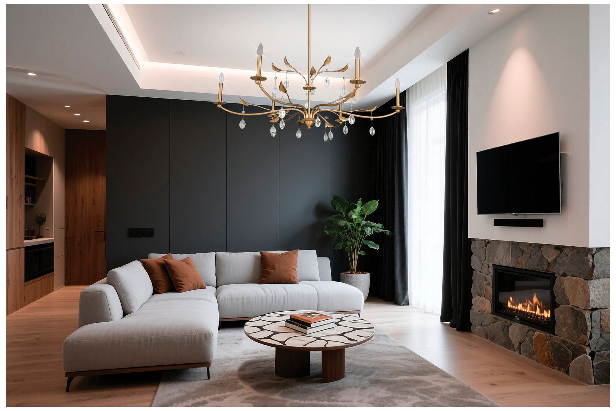 Image 6 Thesis Presley 48" 6 Light Champagne Gold Chandelier w/ Clear Glass Drops more views