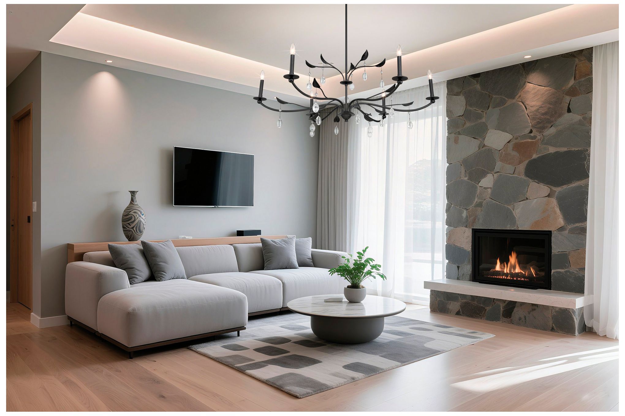 Image 6 Thesis Presley 48" 6 Light Textured Black Chandelier with Clear Glass Drops more views