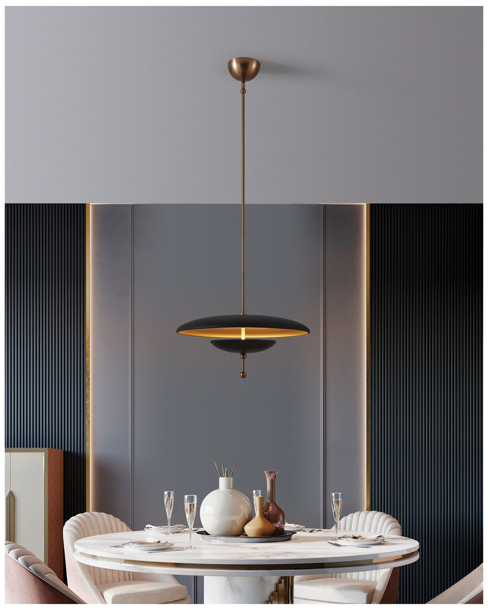 Image 7 Thesis Sinclair 20" Champagne Gold and Black Faux Leather LED Conv. Pendant more views