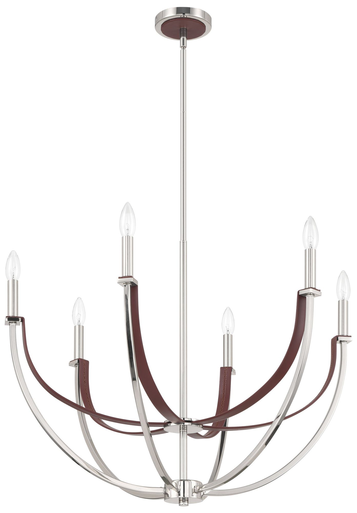 Thesis Sussex 6 Light Polished Nickel / Dark Brown Faux Leather Chandelier