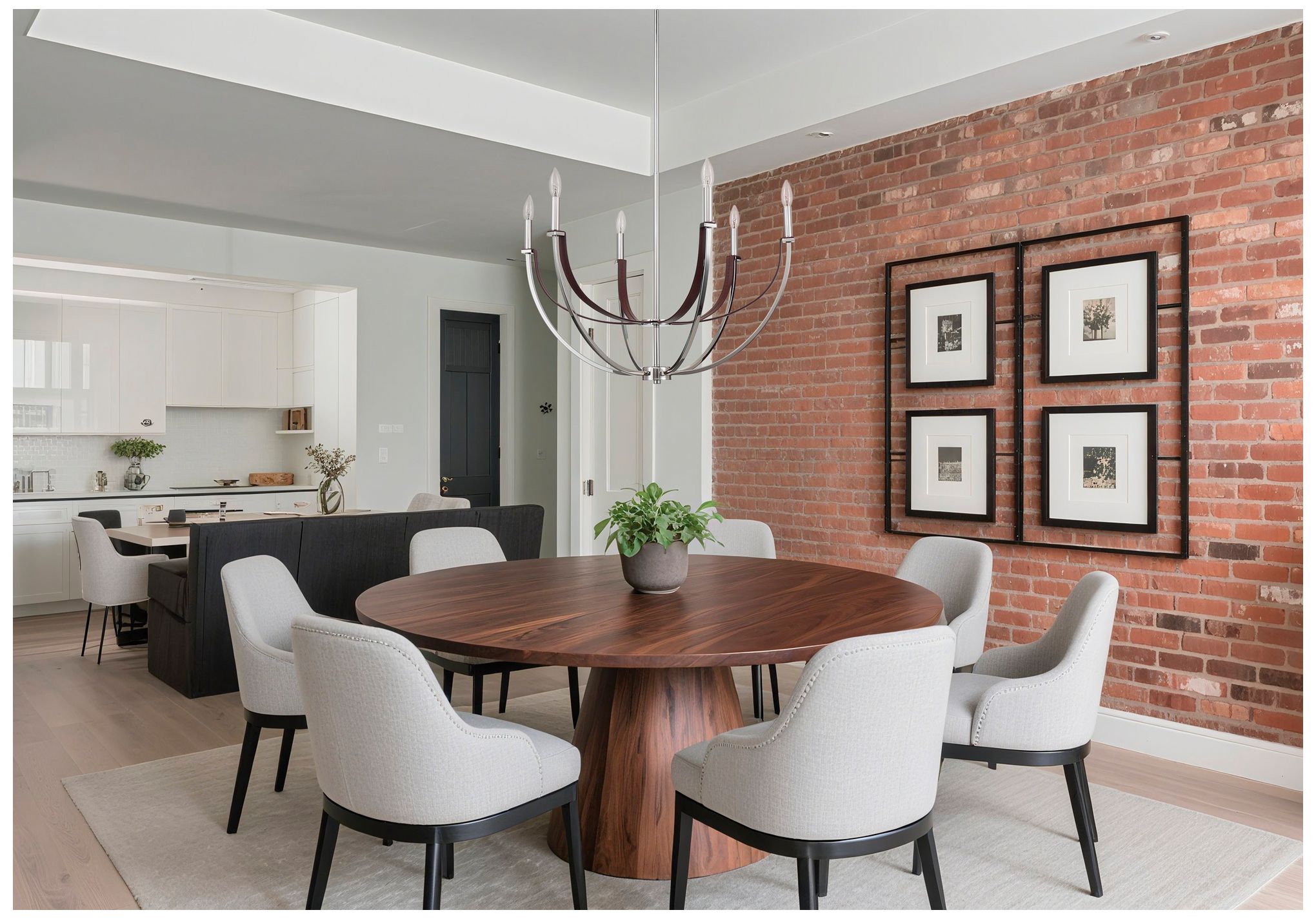 Image 7 Thesis Sussex 6 Light Polished Nickel / Dark Brown Faux Leather Chandelier more views