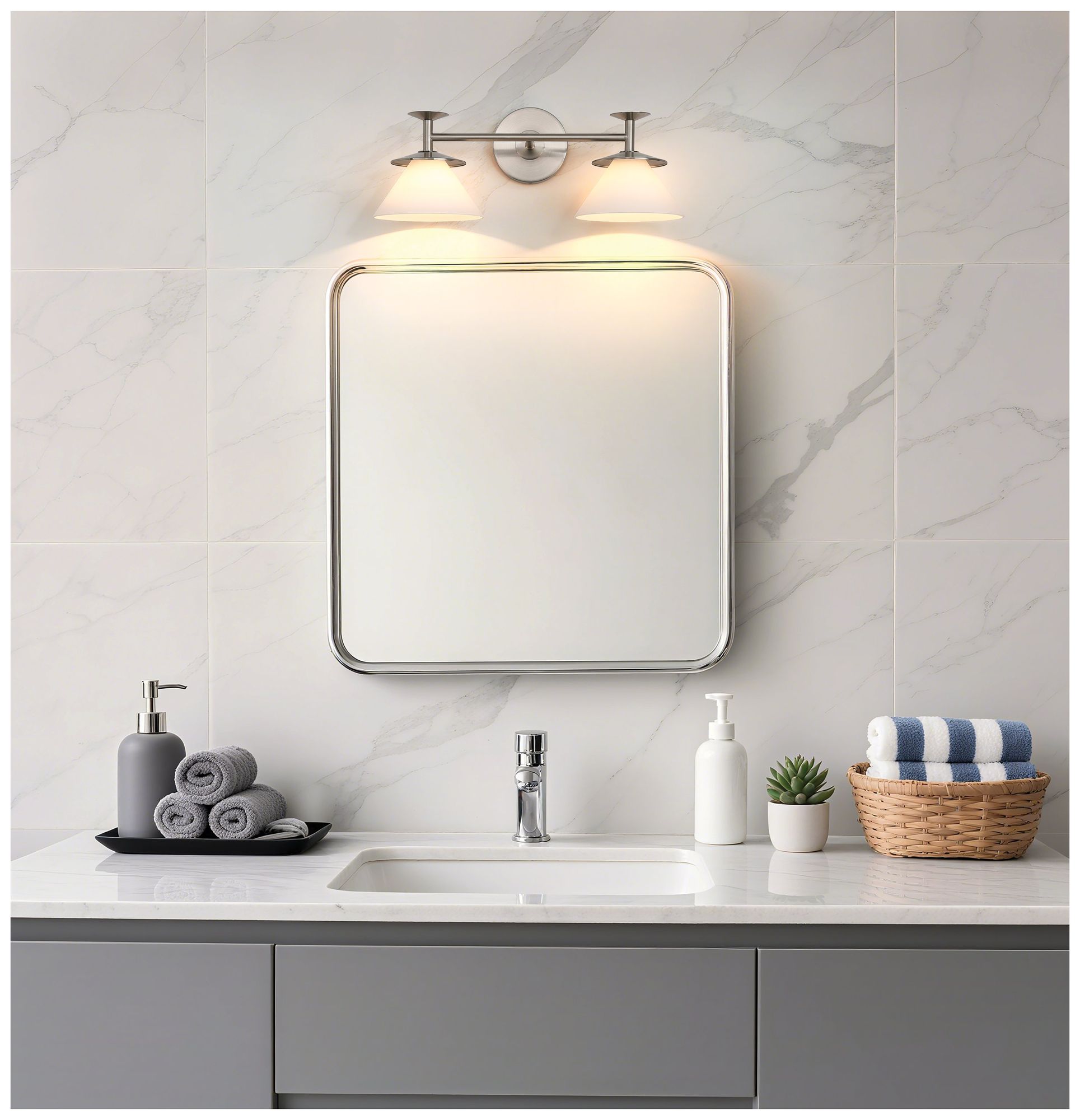 Thesis Tremolo 20" Br. Nickel / Polished Nickel Vanity Light, Etched Glass