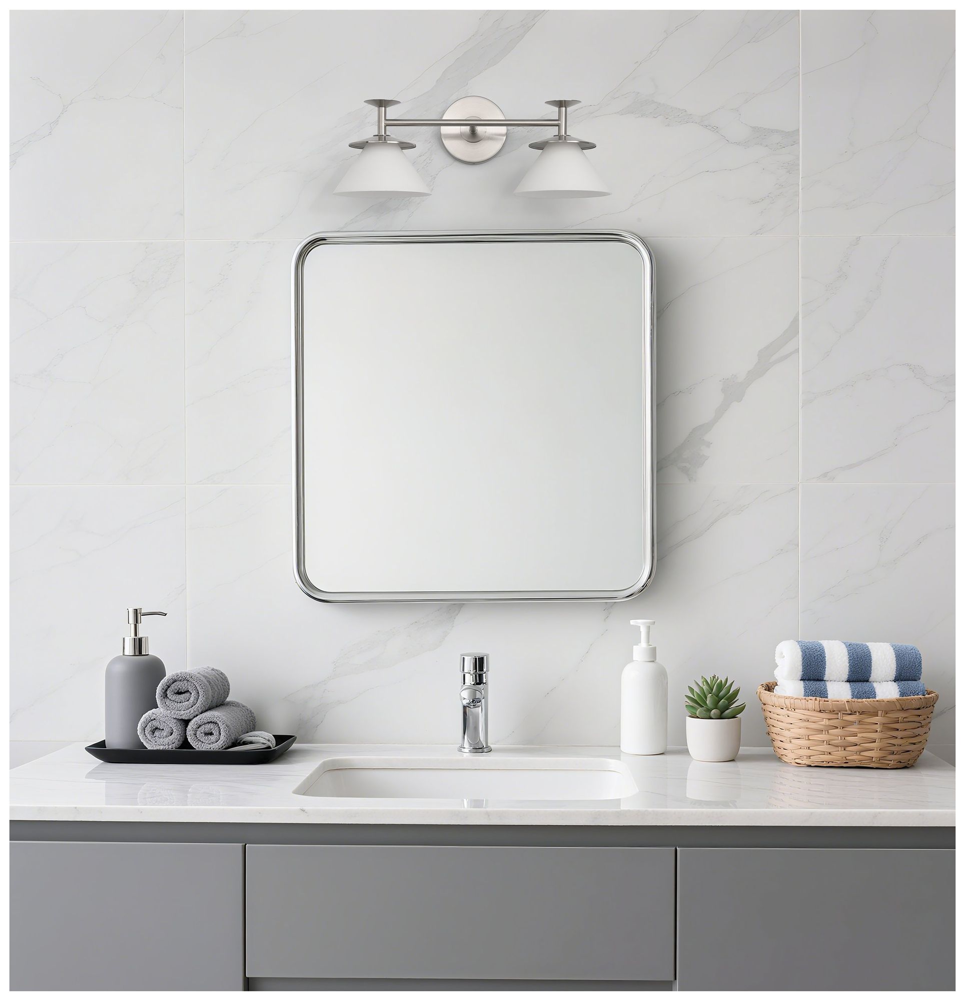 Thesis Tremolo 20" Br. Nickel / Polished Nickel Vanity Light, Etched Glass