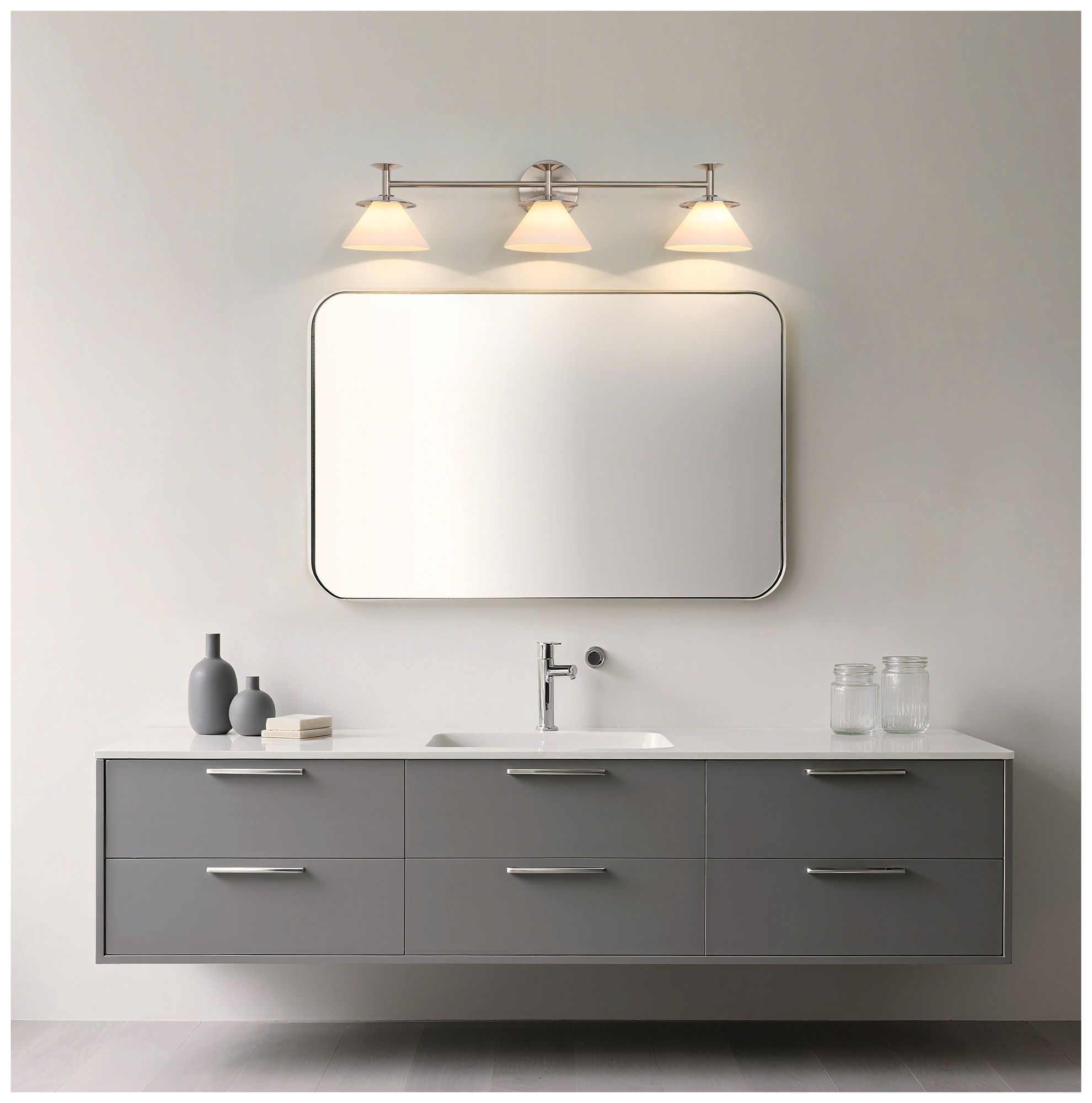 Thesis Tremolo 33" Br. Nickel / Polished Nickel Vanity Light, Etched Glass