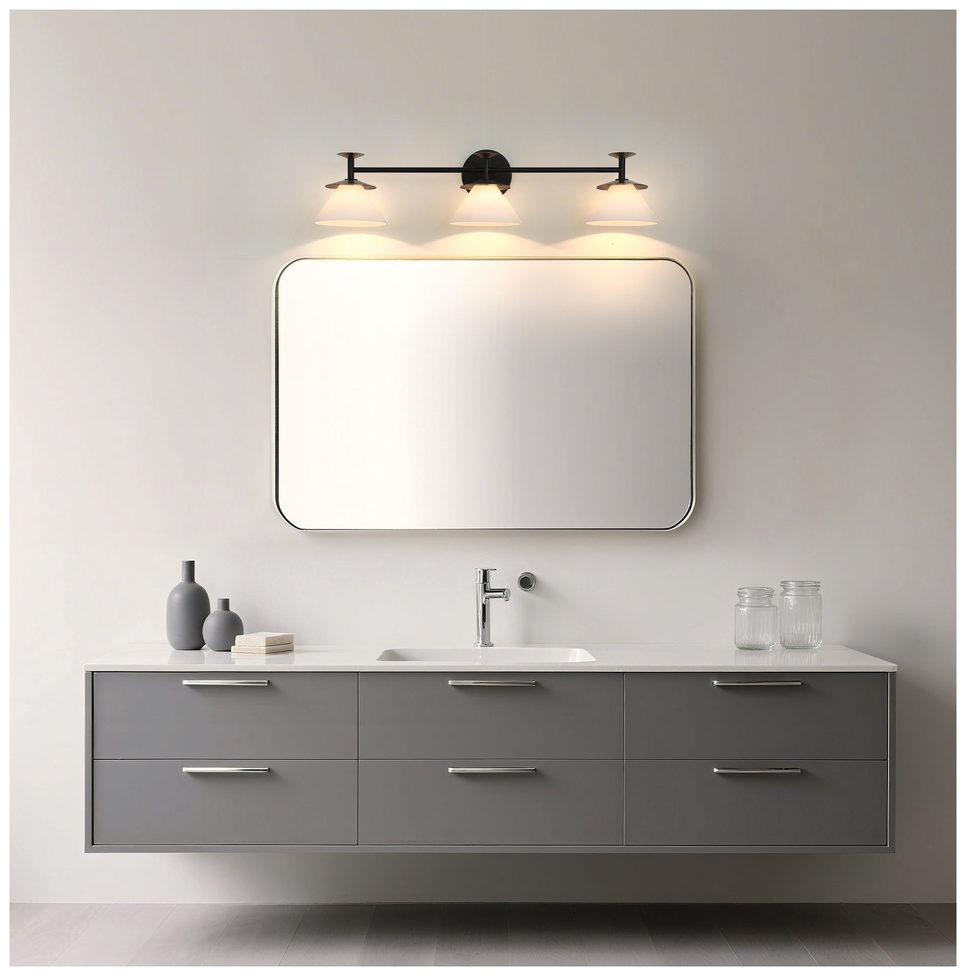 Thesis Tremolo 33" Matte Black and Champagne Gold Vanity Light, Opal Glass