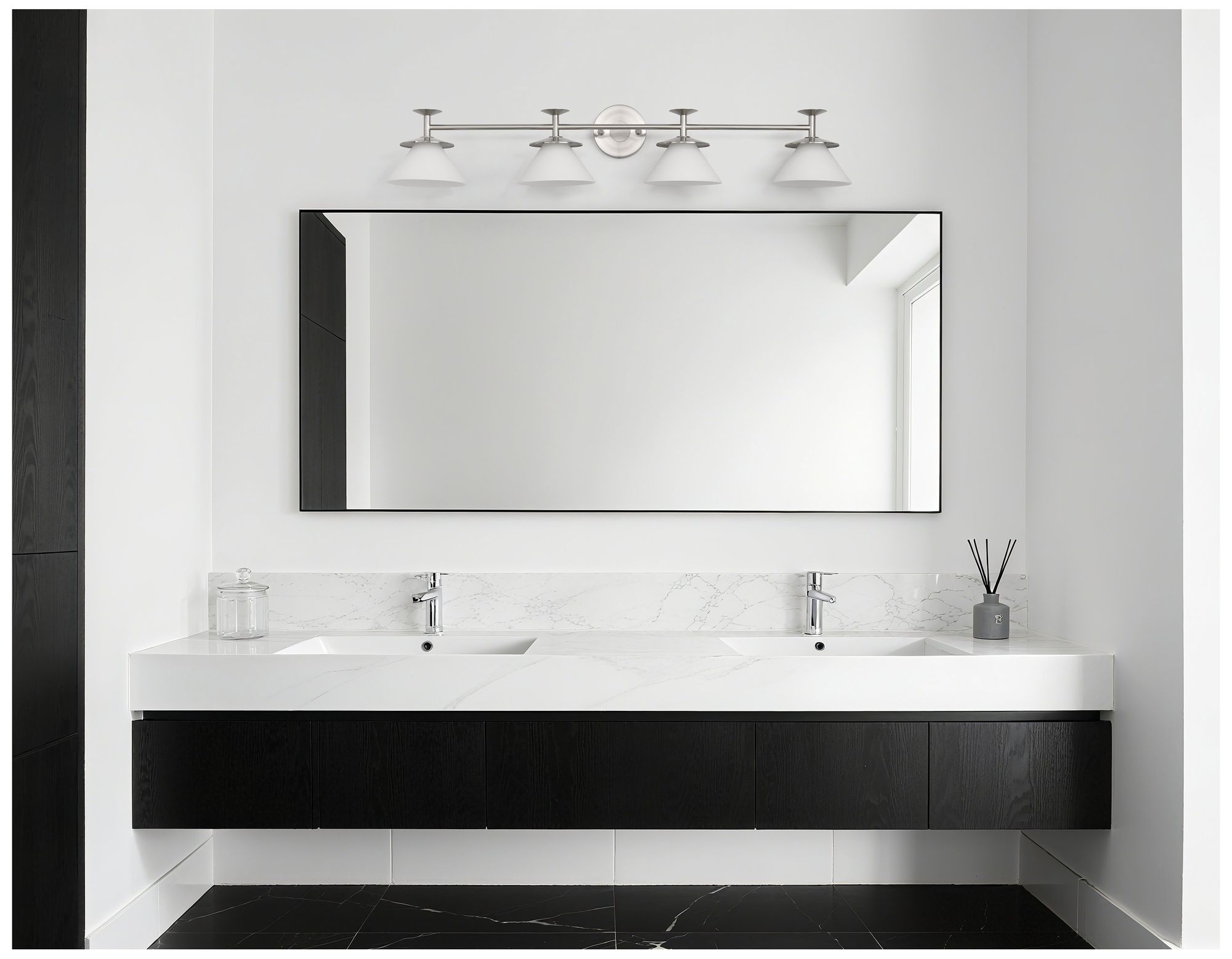 Thesis Tremolo 42" Br. Nickel and Polished Nickel Vanity Light - Opal Glass