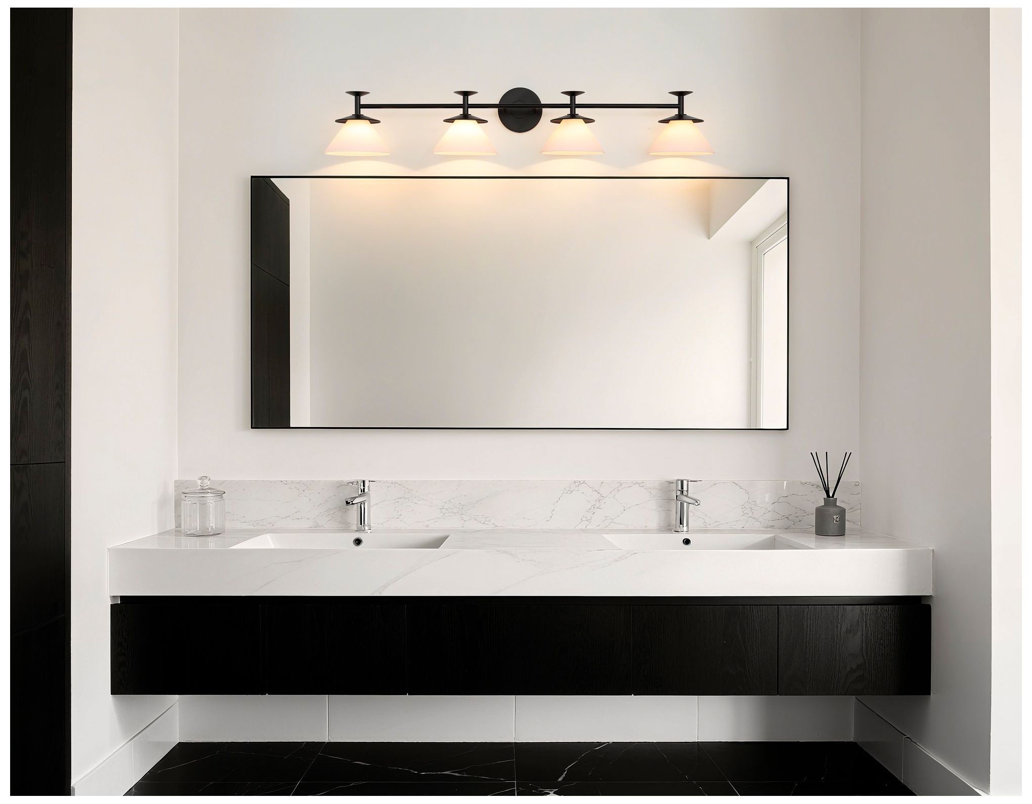 Thesis Tremolo 42" Matte Black and Champagne Gold Vanity Light, Opal Glass