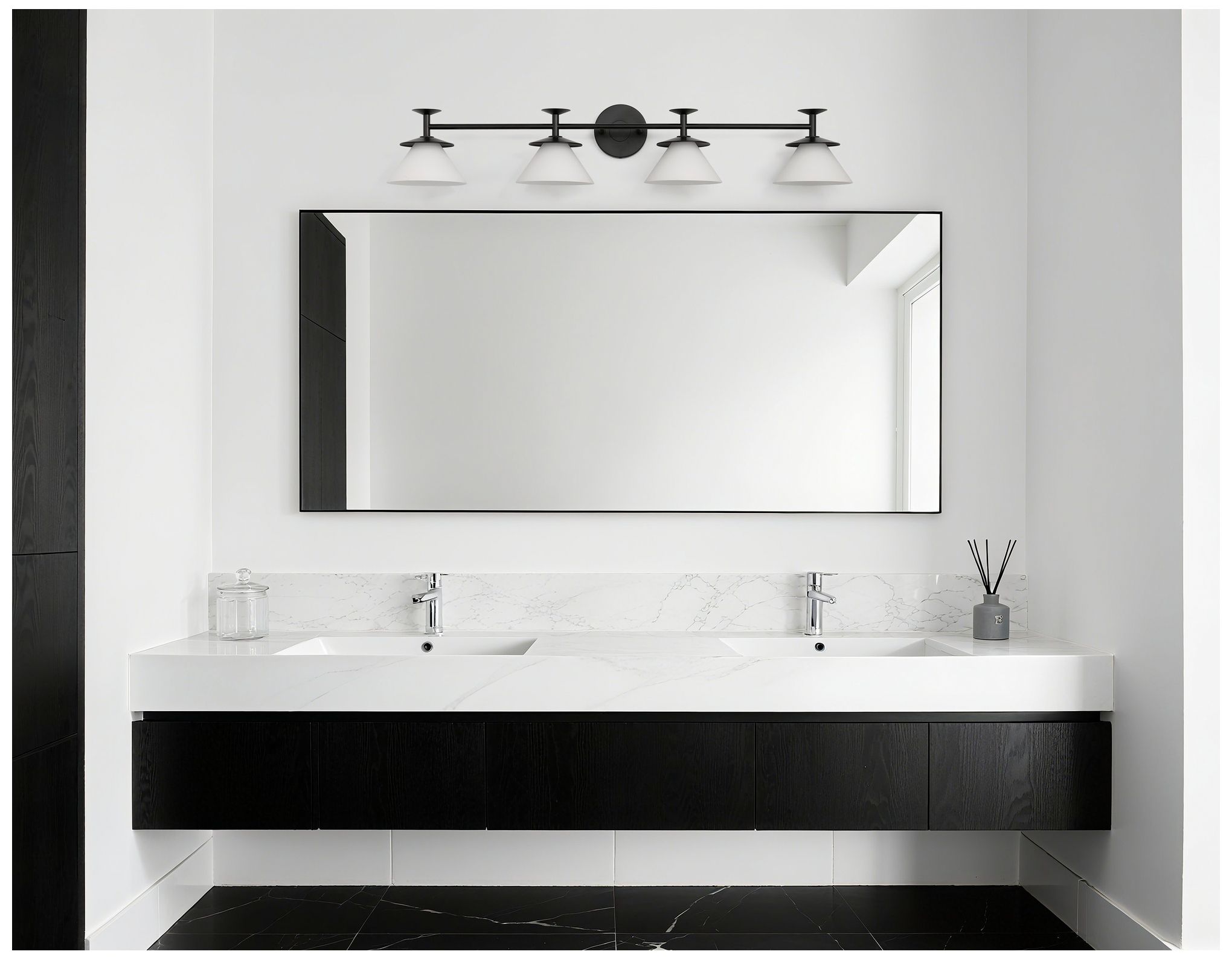 Thesis Tremolo 42" Matte Black and Champagne Gold Vanity Light, Opal Glass